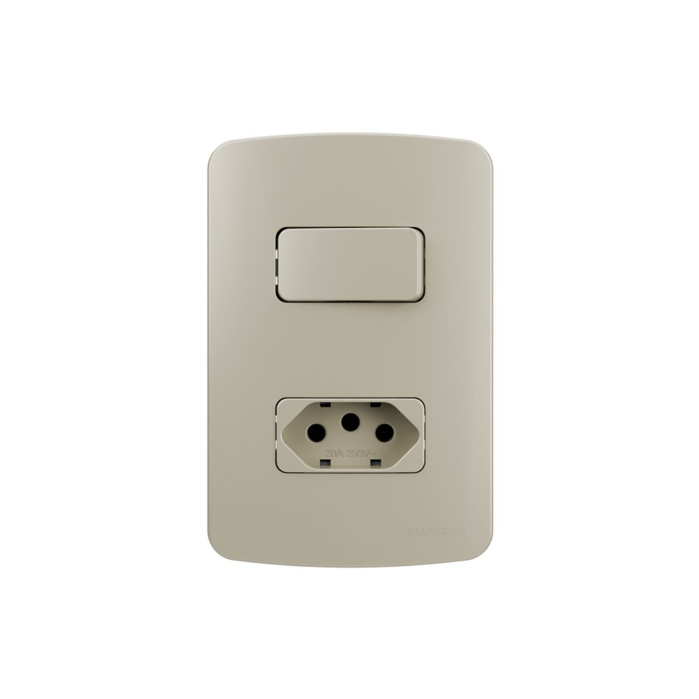 Interruptor Simples 10a E Tomada 2p+t 20a Margirius B3 Colors Com Placa 4x2 Pérola