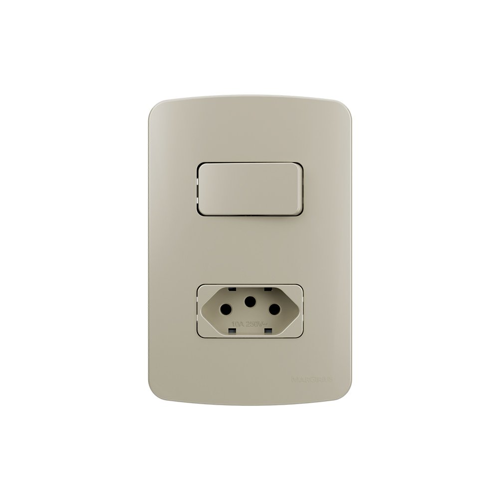Interruptor Simples 10a E Tomada 2p+t 10a Margirius B3 Colors Com Placa 4x2 Pérola