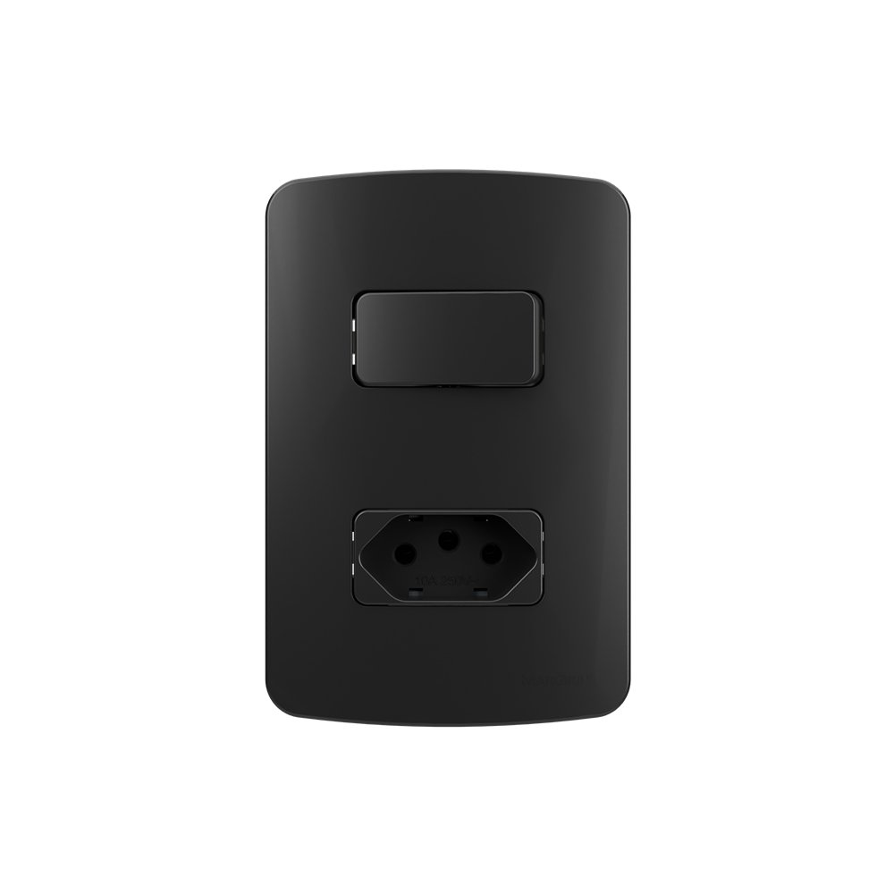 Interruptor Simples 10a E Tomada 2p+t 10a Margirius B3 Colors Com Placa 4x2 Preto Ebony