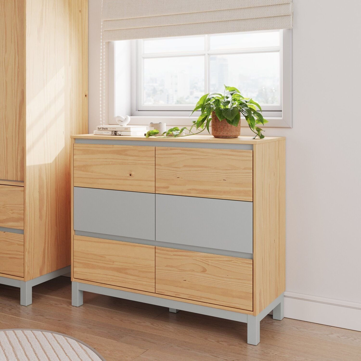 Cômoda 6 Gavetas 120cm X 103,3cm Square Natural Pine/cool Grey