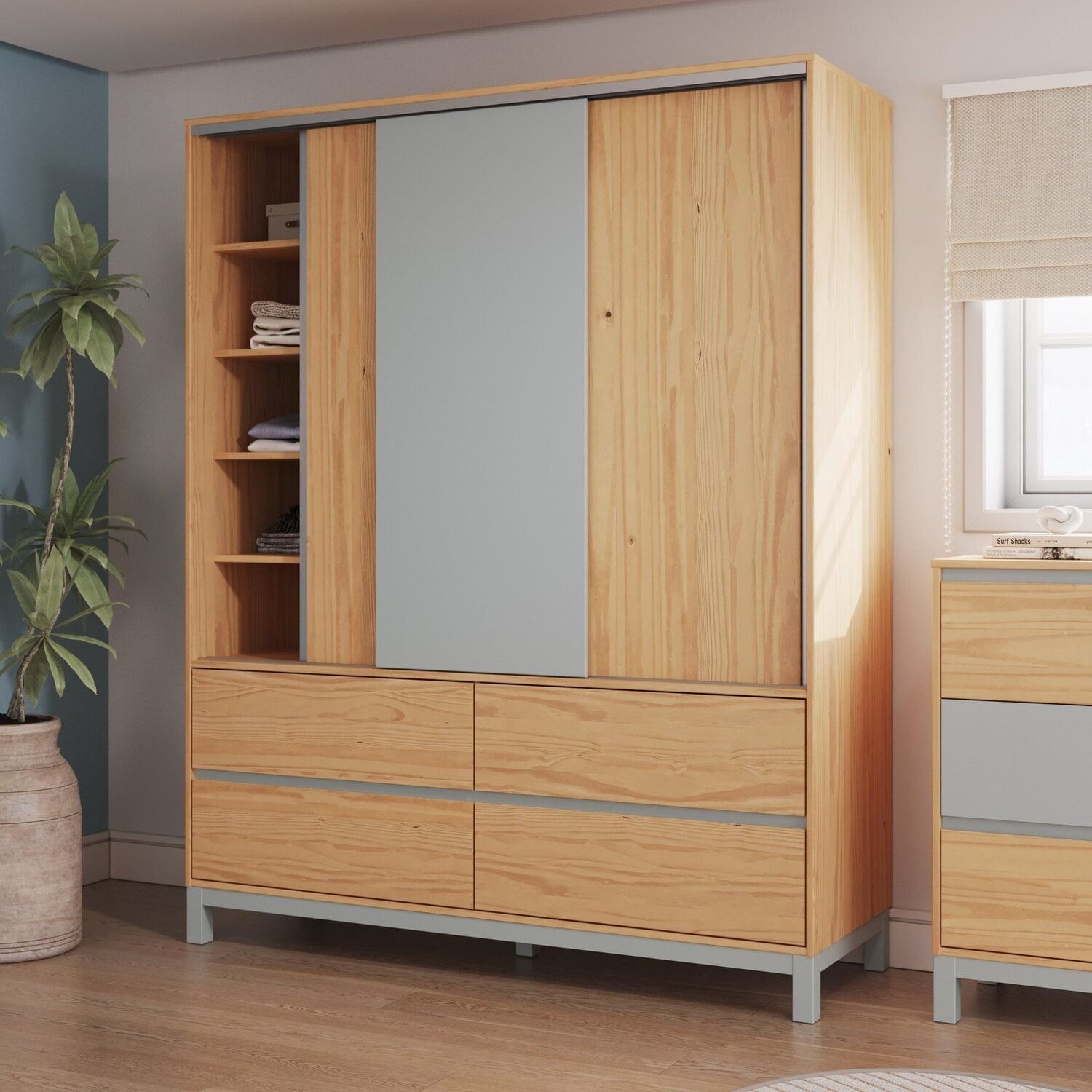 Guarda-roupa 3 Portas 4 Gavetas Square Natural Pine / Cool Grey