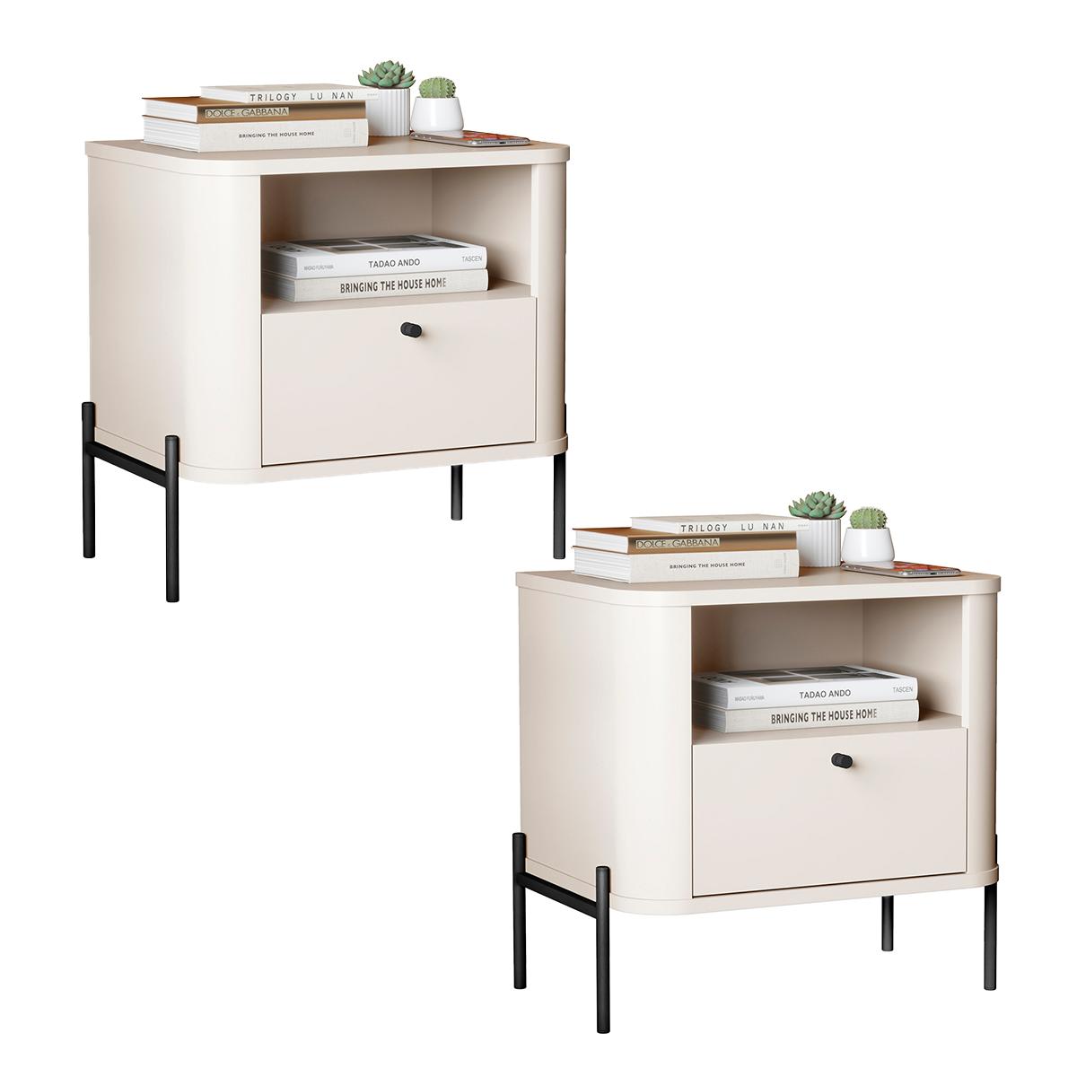 Kit 2 Mesas Cabeceira Quarto Tucupí Slim 1 Gaveta Pés Metal Off White/preto