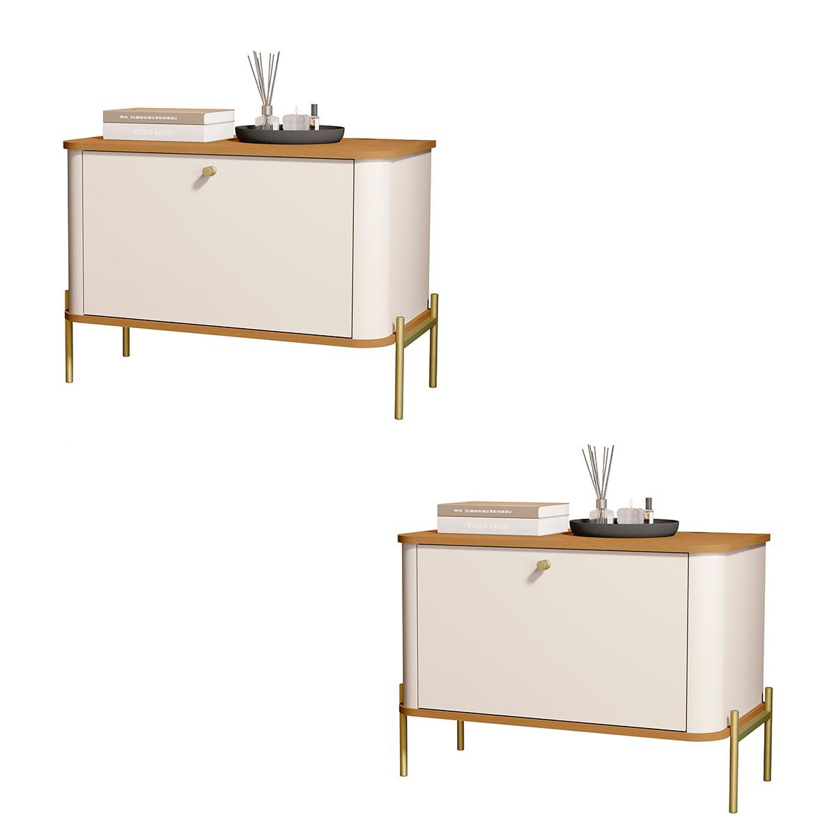 Kit 2 Mesa De Cabeceira Quarto Tucupí 1 Porta E Pés De Metal Off White/nature/dourado