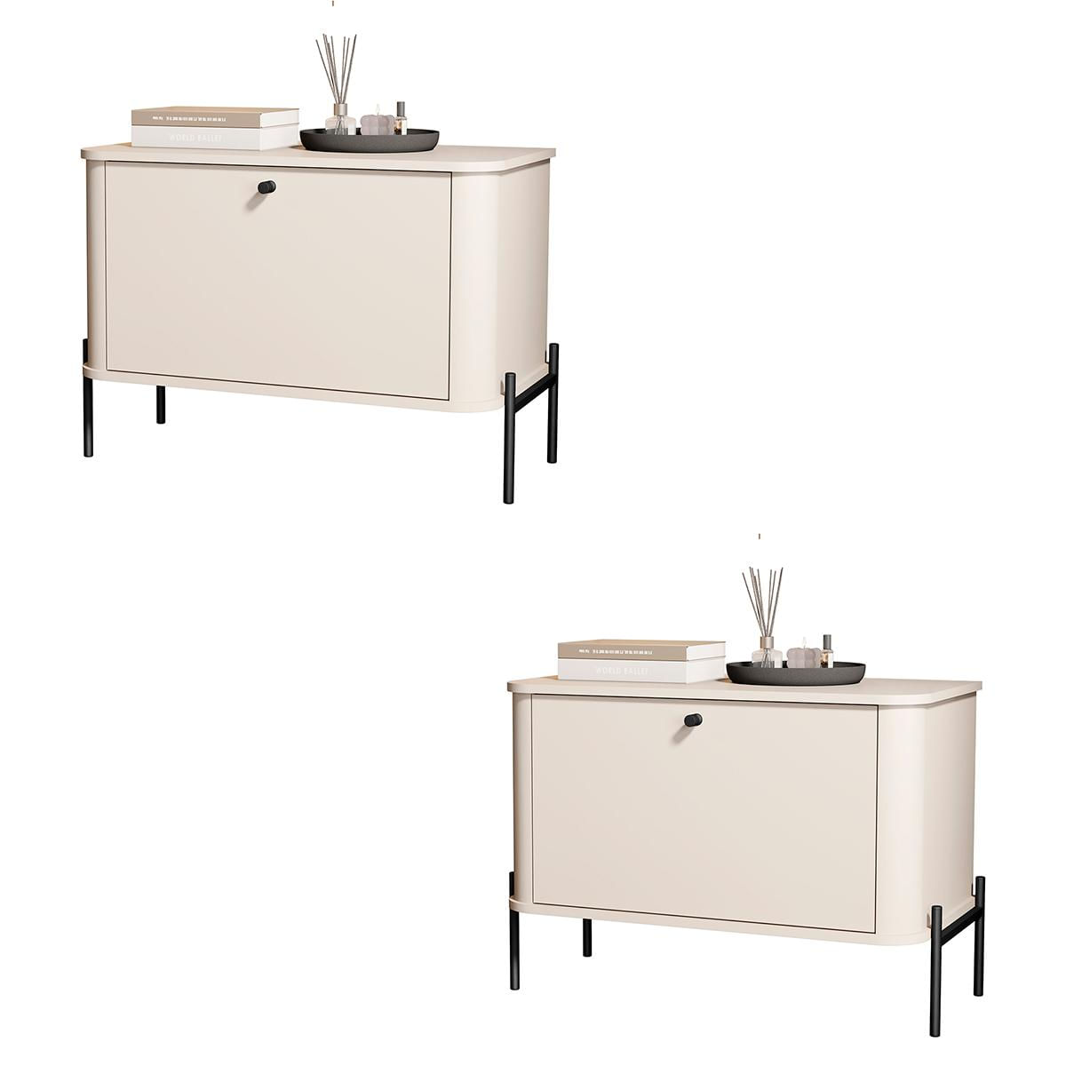 Kit 2 Mesa De Cabeceira Quarto Tucupí 1 Porta E Pés De Metal Off White/preto