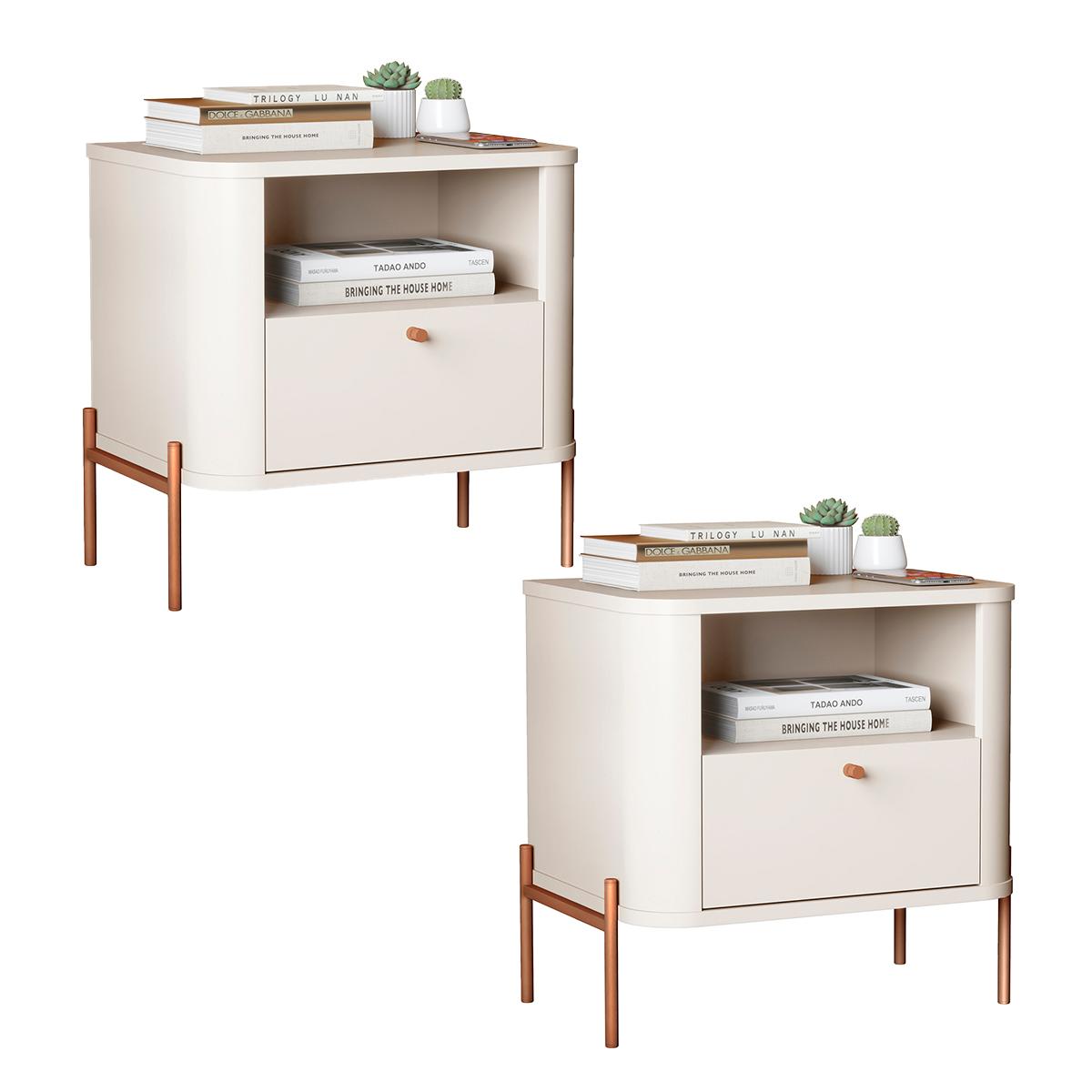 Kit 2 Mesas Cabeceira Quarto Tucupí Slim 1 Gaveta Pés Metal Off White/bronze