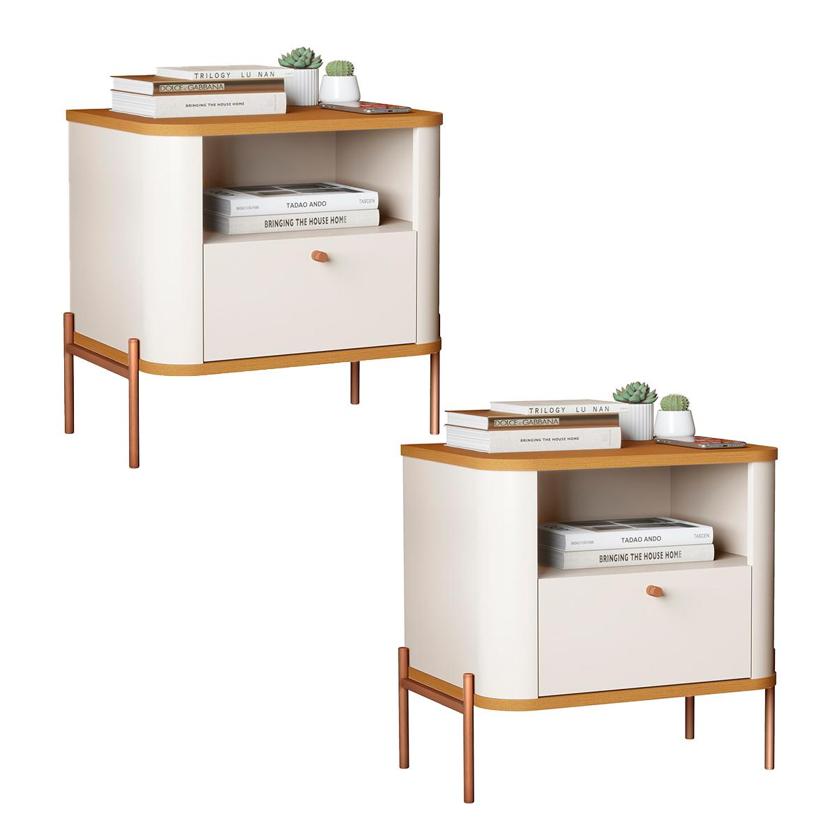 Kit 2 Mesas Cabeceira Quarto Tucupí Slim 1 Gaveta Pés Metal Off White/nature/bronze