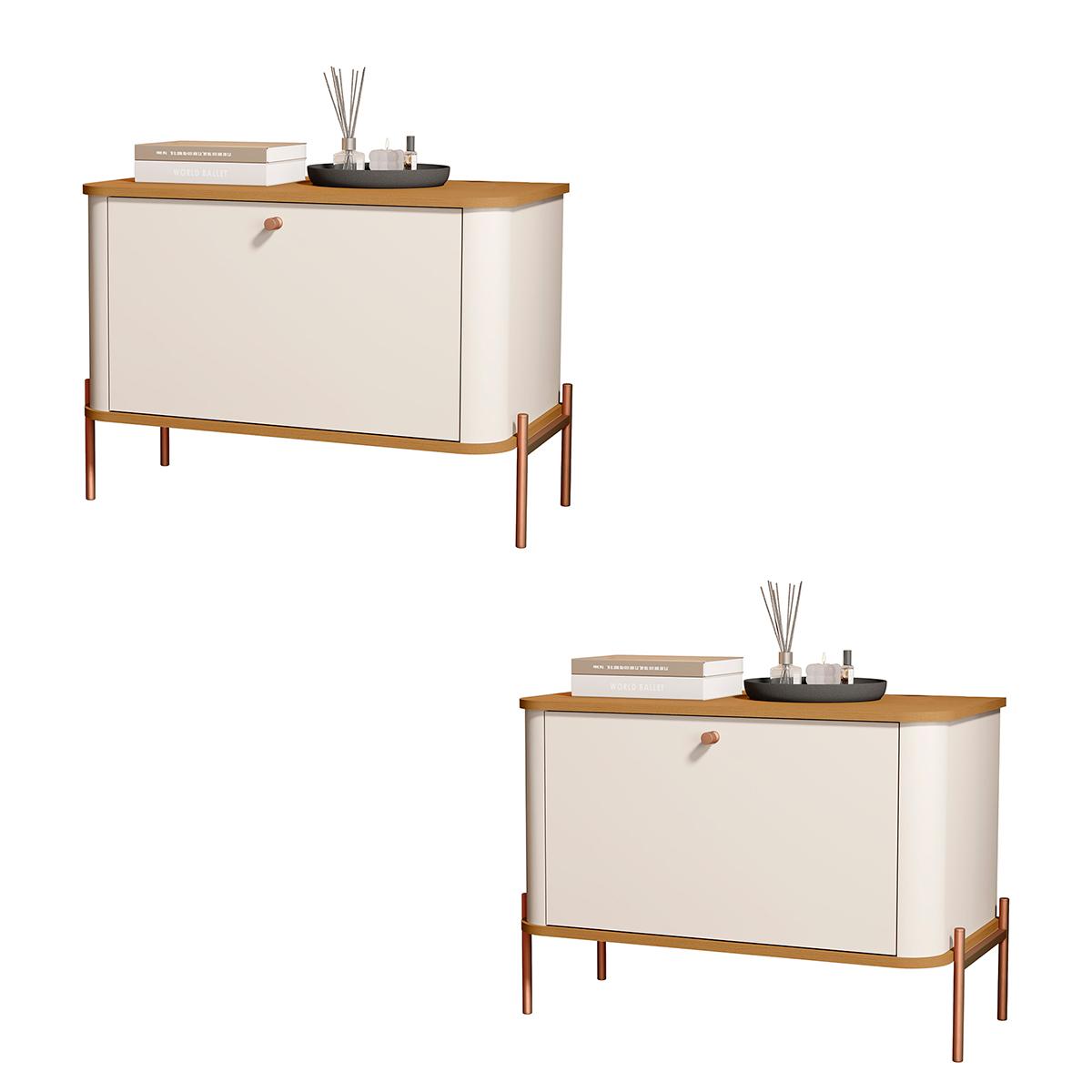 Kit 2 Mesa De Cabeceira Quarto Tucupí 1 Porta E Pés De Metal Off White/nature/bronze