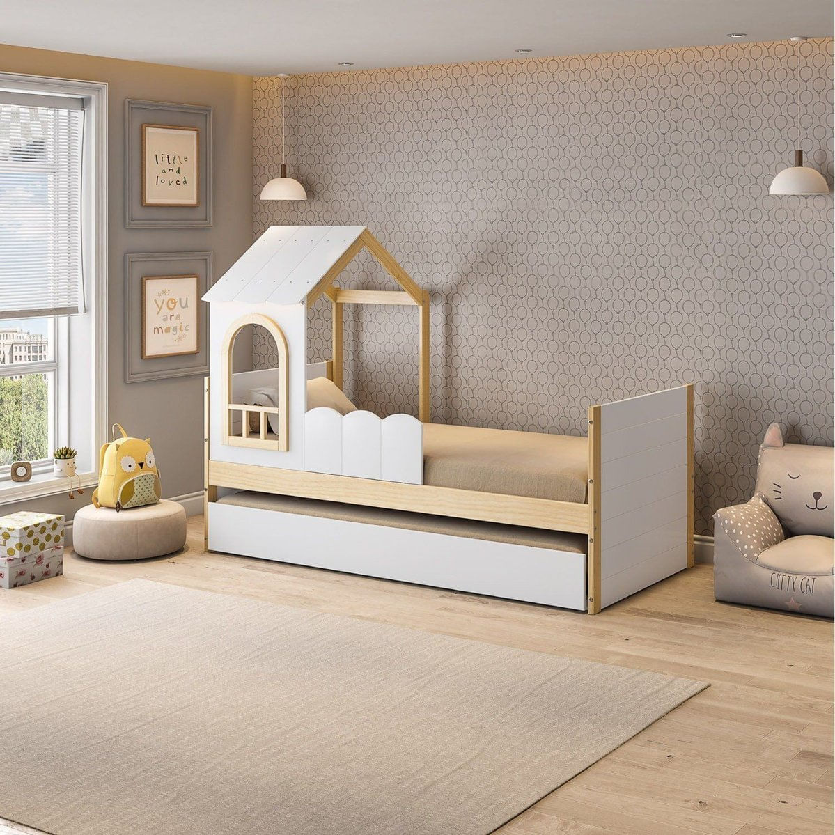 Bicama Solteiro Com Telhado New Garden Casatema Natural/branco