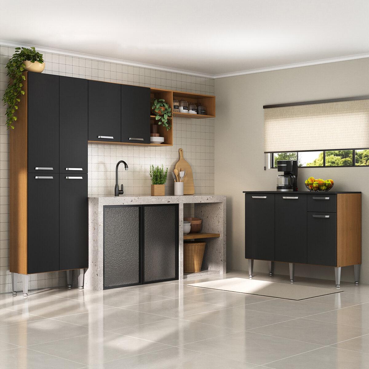 Armário De Cozinha Compacta Modulada Versatile Multimóveis Mp2302 C/ Balcão E Paneleiro Madeirado/preto