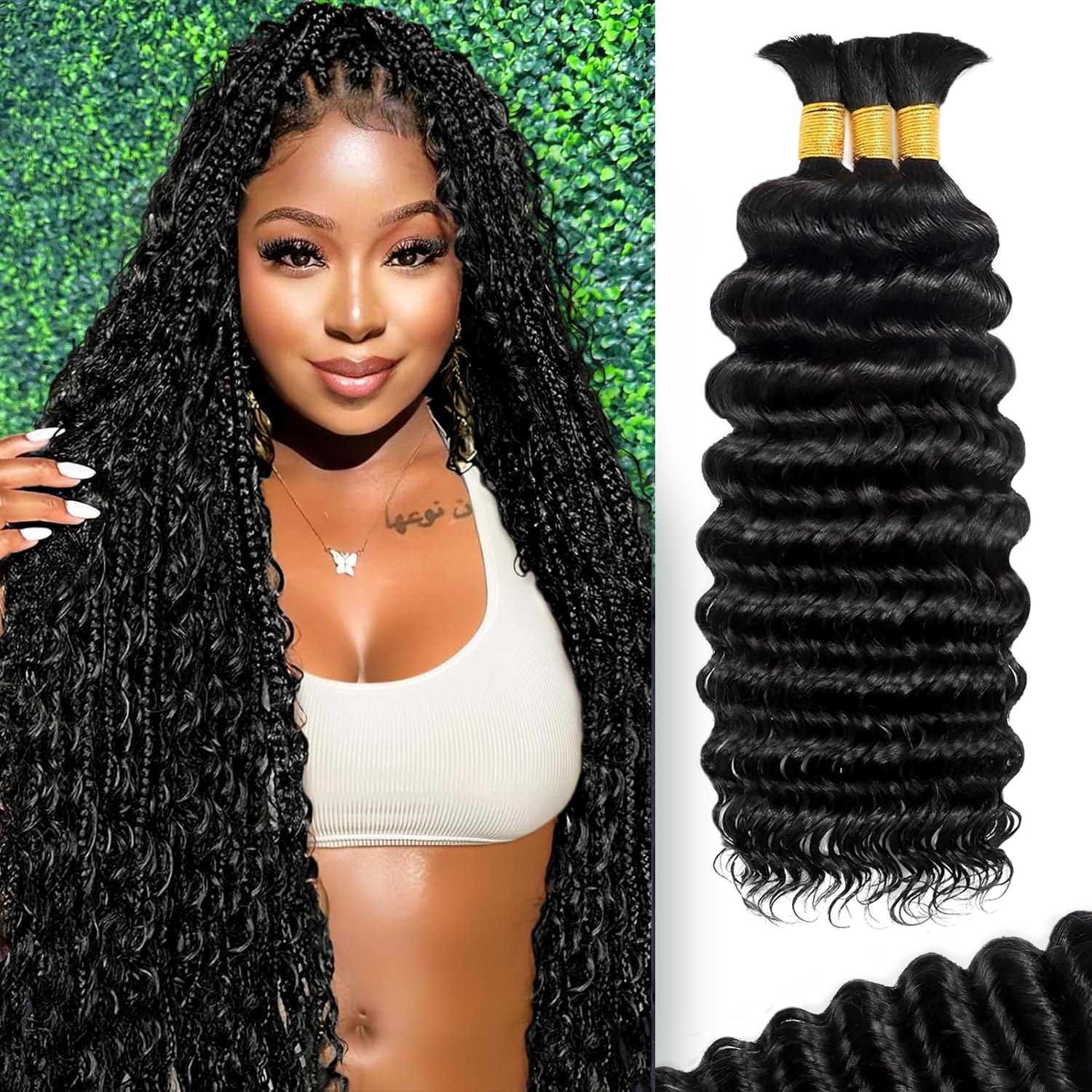 Cabelo Trançado Humano Bizvus Deep Wave Boho 120g 16", 3 Pacotes