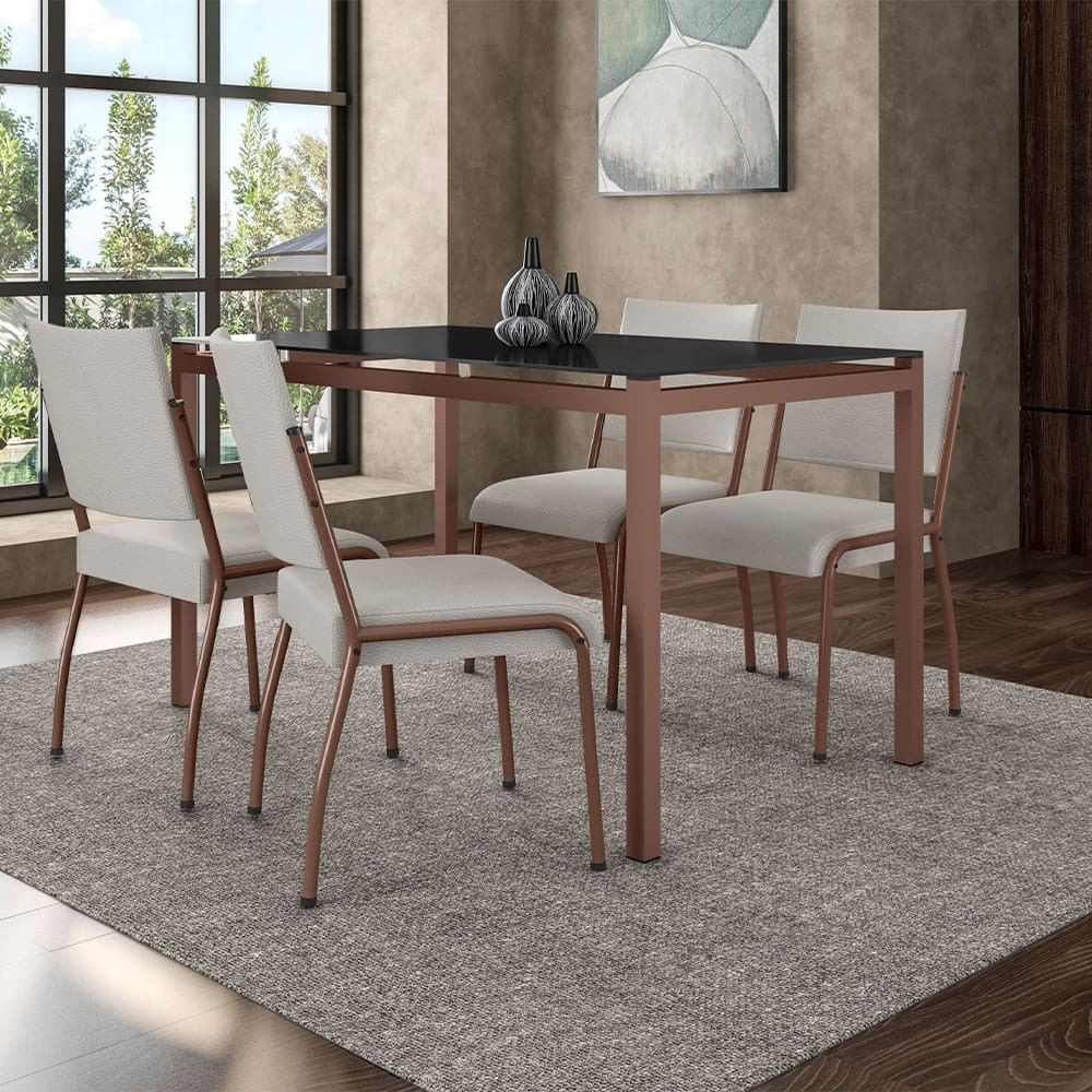 Mesa De Jantar Fabone Alexa Tampo De Vidro + 4 Cadeiras De Jantar Fabone Dora