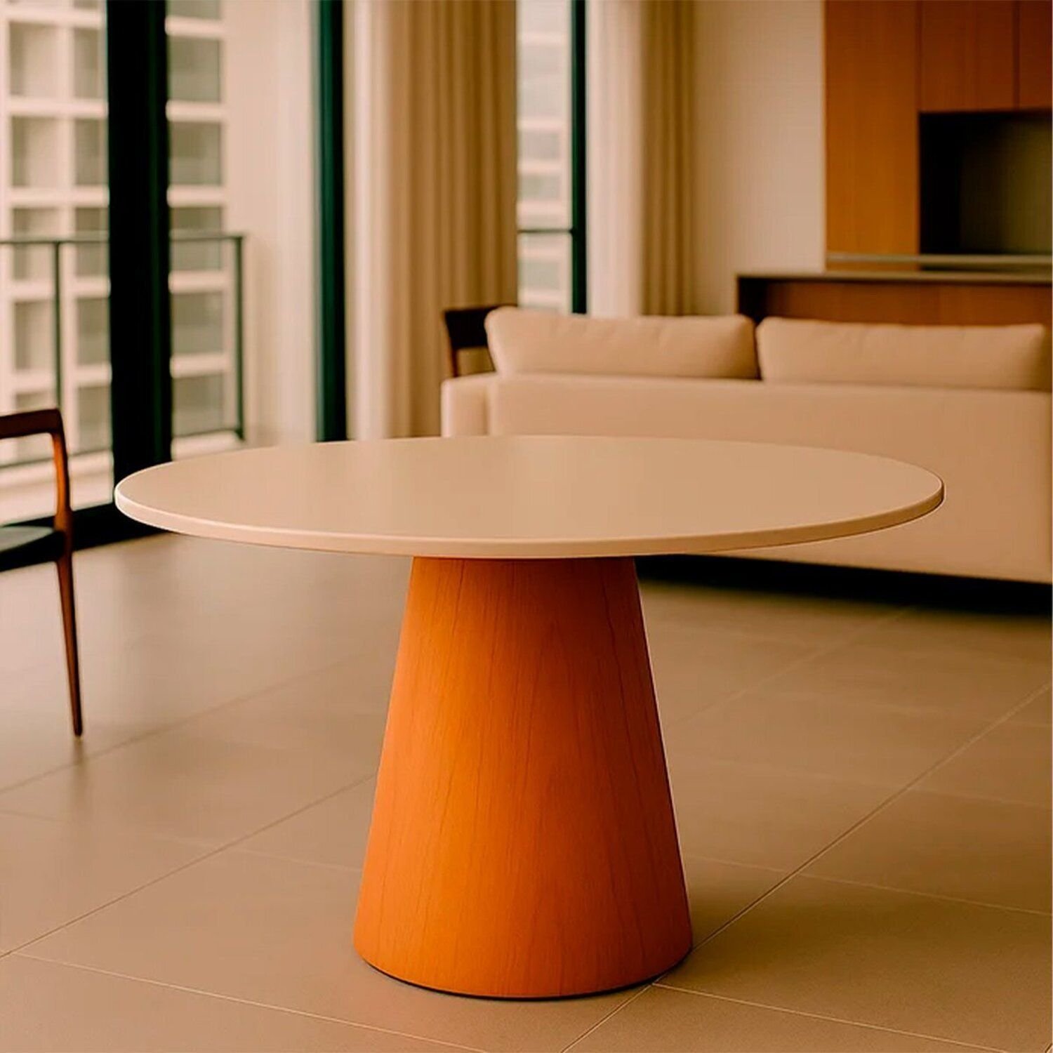 Mesa De Jantar Tampo Em Mdf Com Vidro E Base Em Madeira 110cm Araçá Off-white