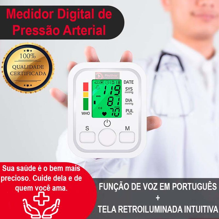 Medidor Monitor Digital Braço Aparelho Automático Pressão Pulso Batimento Com Função De Voz Em Português + Fonte Bivolt - imagem 2