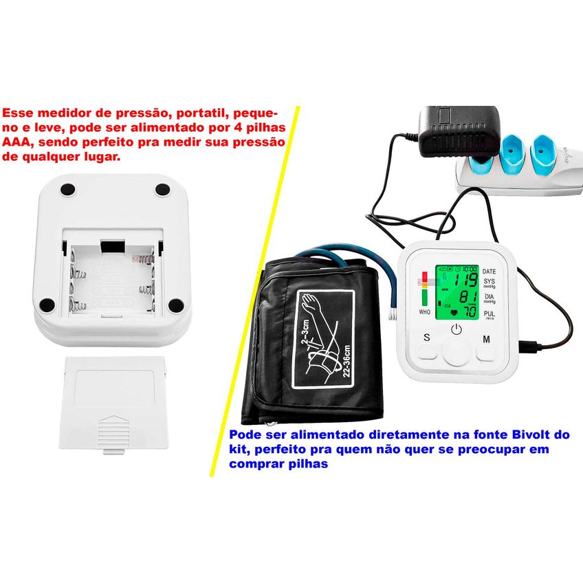 Medidor Monitor Digital Braço Aparelho Automático Pressão Pulso Batimento Com Função De Voz Em Português + Fonte Bivolt - imagem 3