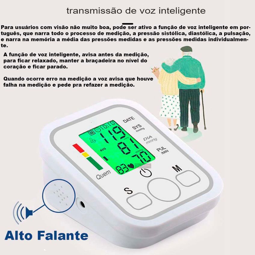 Medidor Monitor Digital Braço Aparelho Automático Pressão Pulso Batimento Com Função De Voz Em Português + Fonte Bivolt - imagem 5