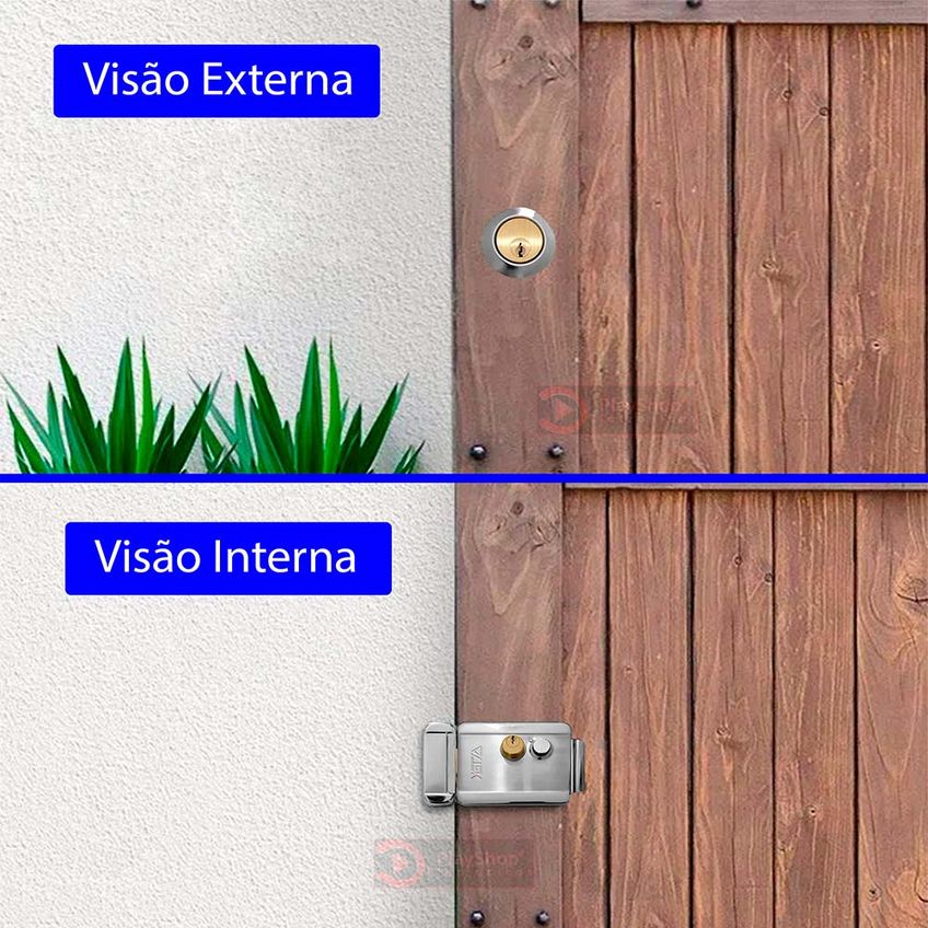 Fechadura Eletrica Dupla Com Botao Original Sobrepor C/ Cilindro Ajustavel P/ Porta De Madeira E Portao Social - imagem 2
