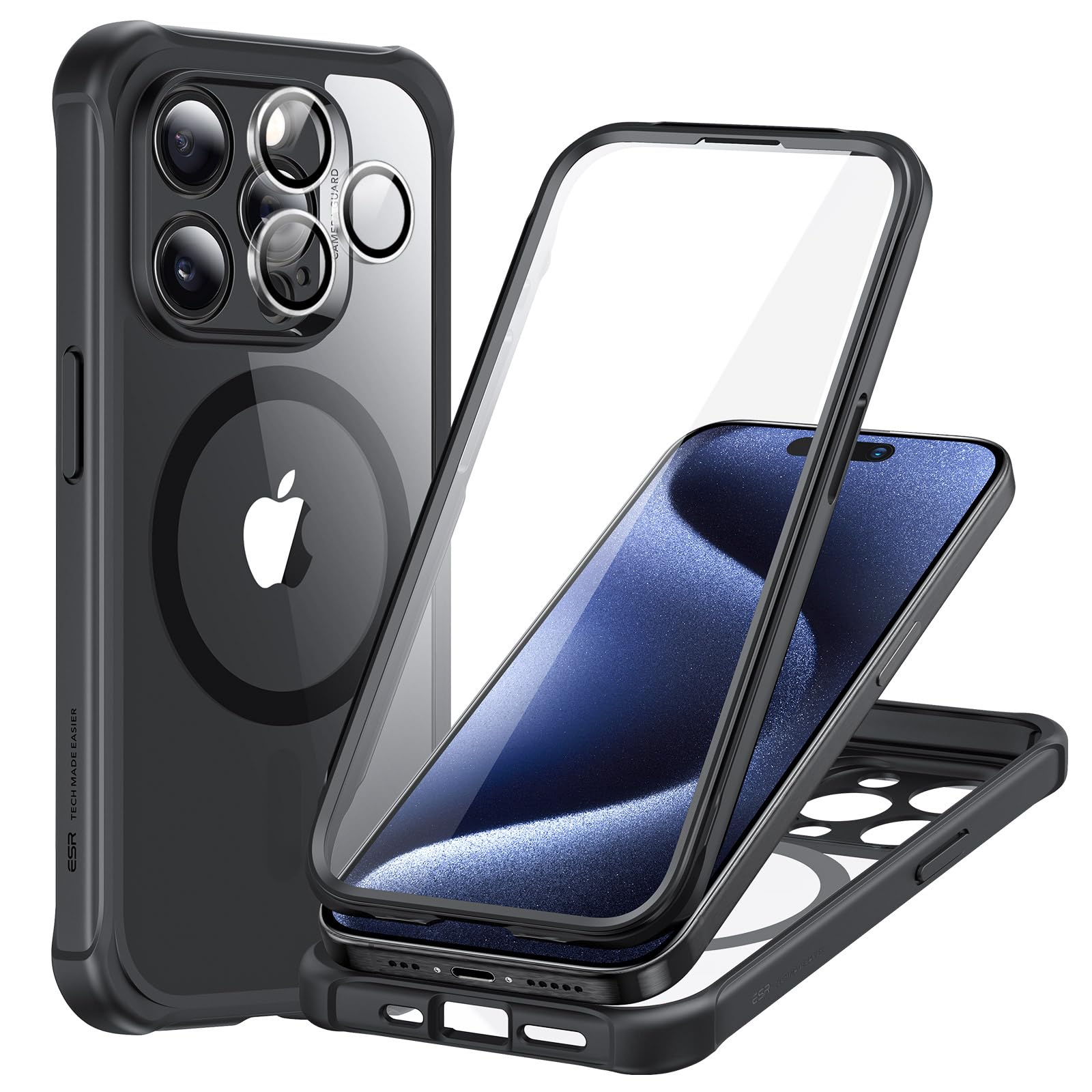 Capa De Telefone Esr Para Iphone 15 Pro Com Vidro Temperado Preto Transparente