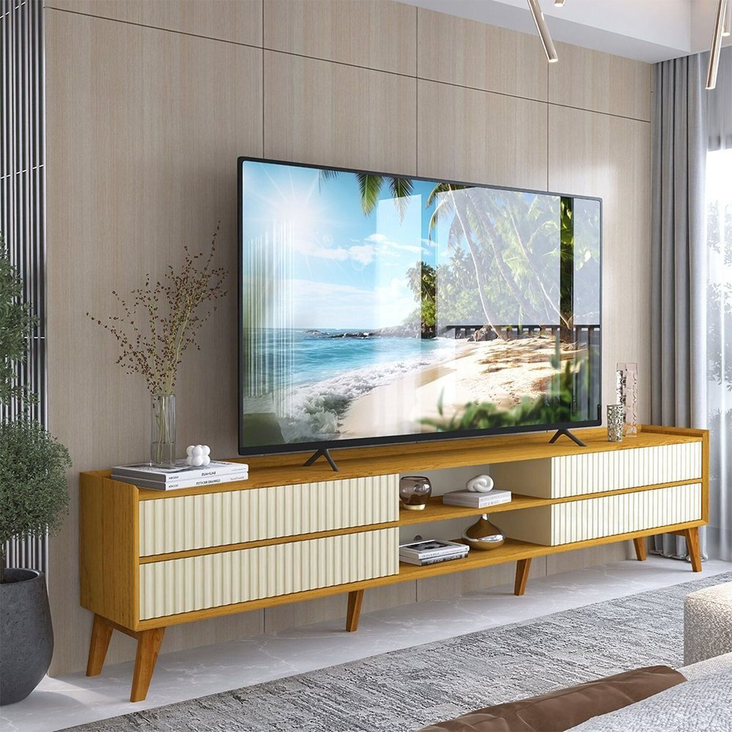 Rack Para Tv Até 84 Polegadas Com Pés 100% Mdf 212,8cm Magnífico Naturale/off White