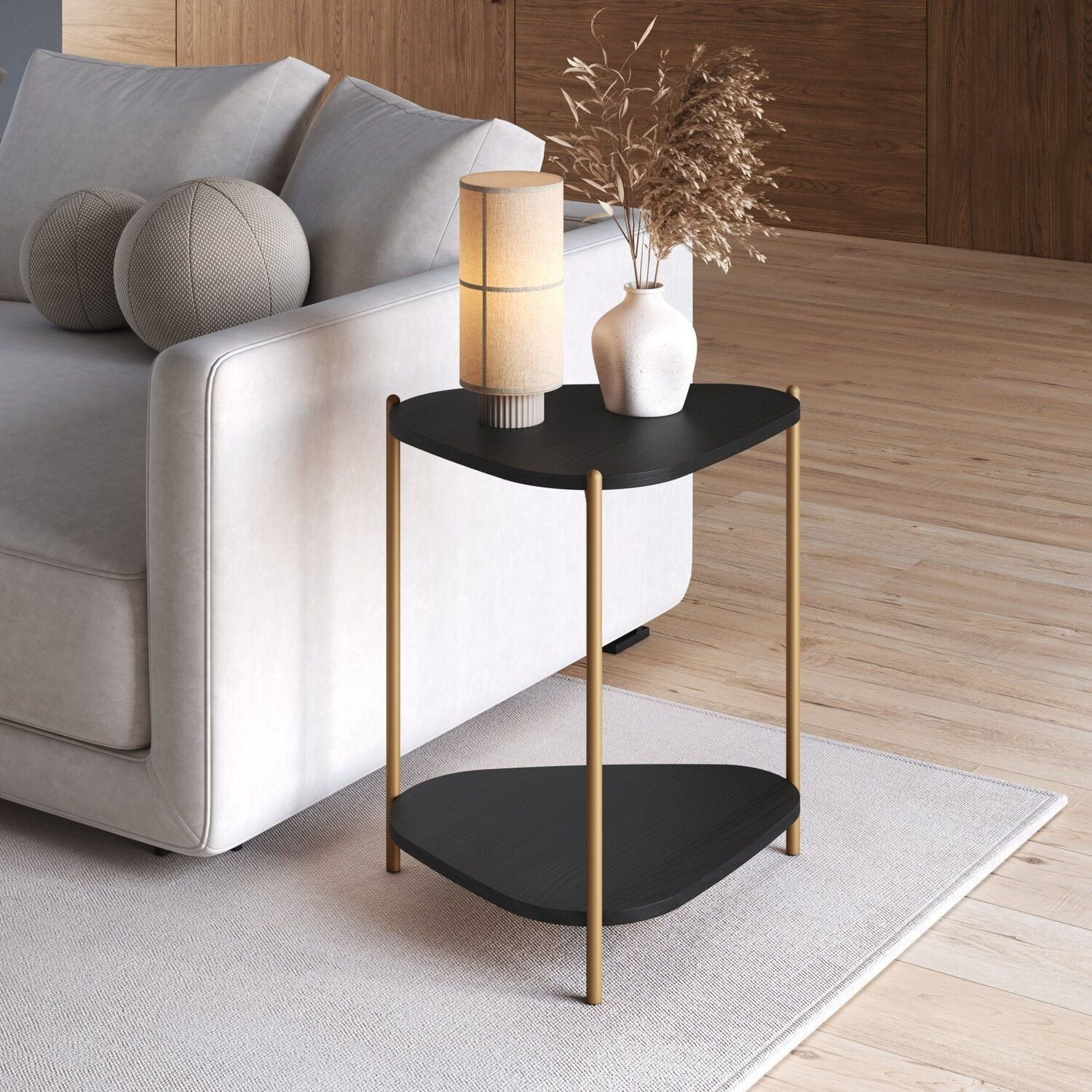 Mesa Lateral Com Prateleira Orgânica Pé Metal Complementos Nero/dourado