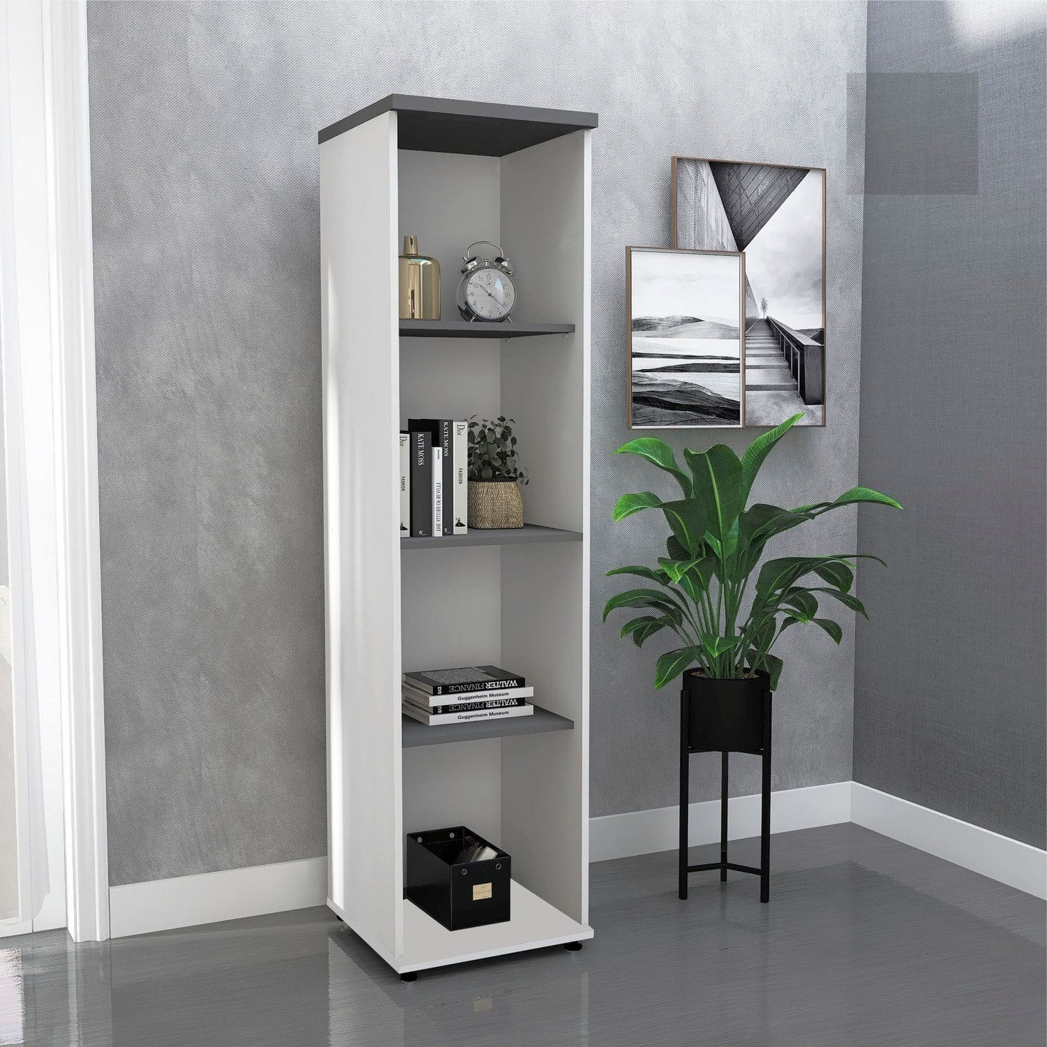 Torre Nicho Em Madeira 4 Prateleiras Sem Portas Branco/grafito