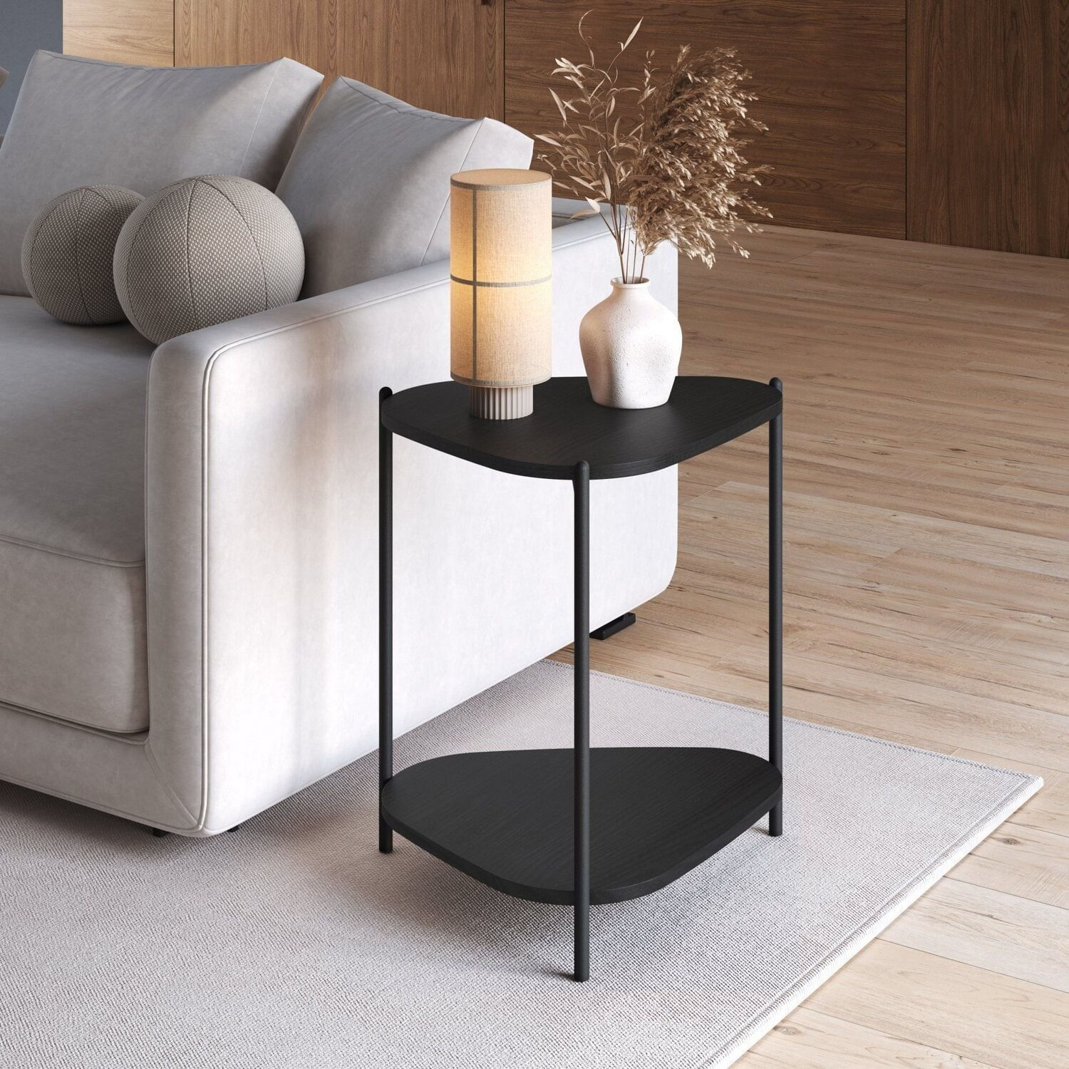 Mesa Lateral Com Prateleira Orgânica Pé Metal Complementos Preto