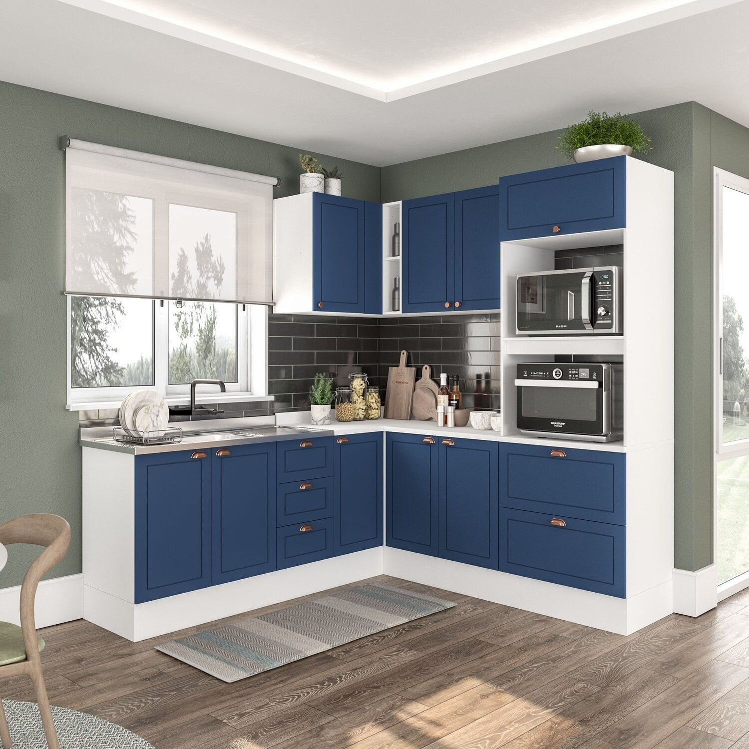 Cozinha 6 Peças Com Rodapé Pérola Yescasa Azul/branco