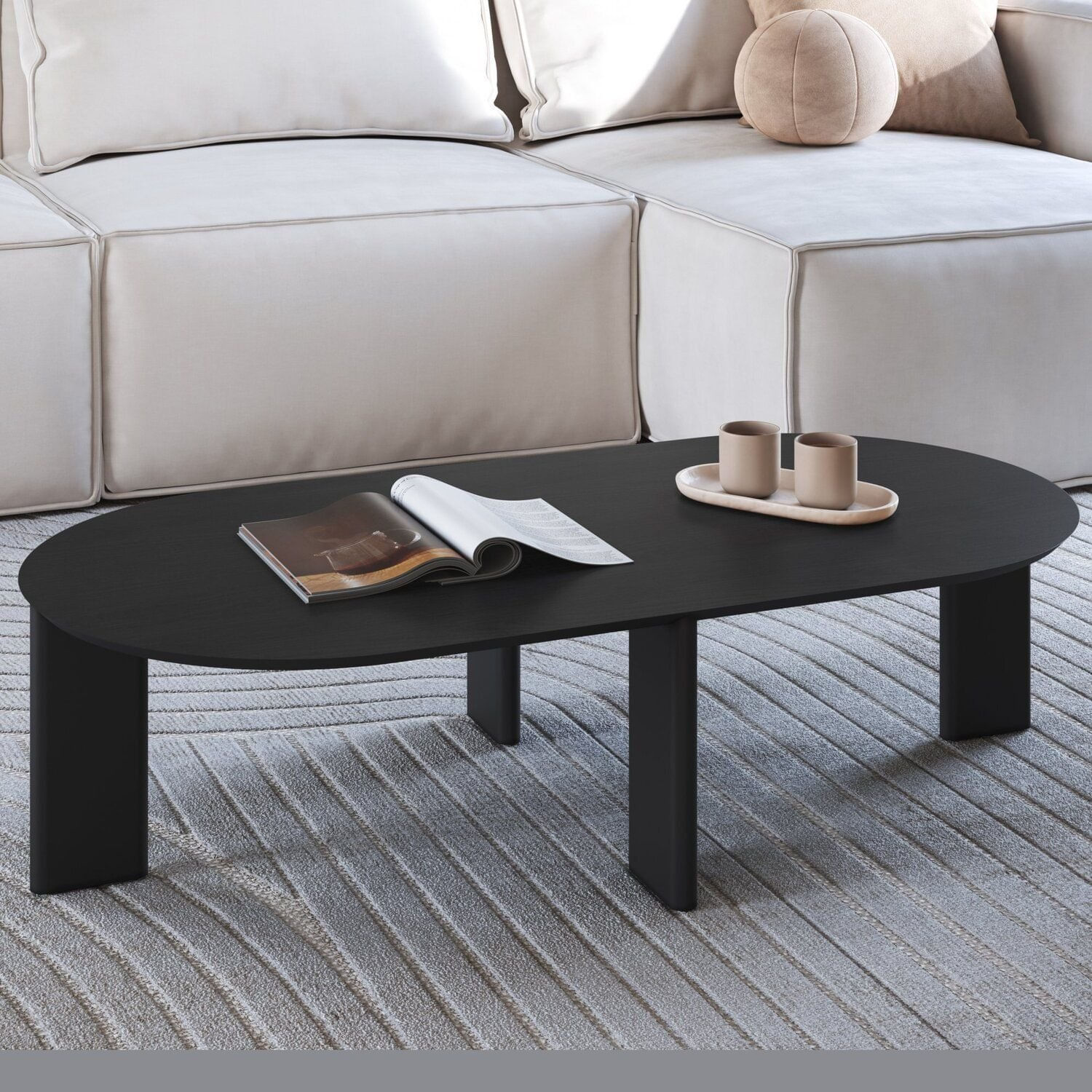 Mesa De Centro Orgânica Chanfrada Pé Madeira Complementos Preto