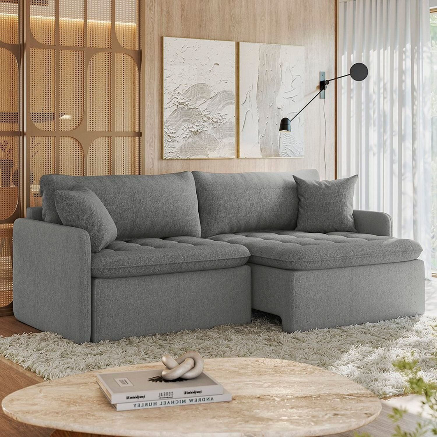 Sofá Cama Retrátil E Reclinável 3 Lugares 234cm Belmopã Espresso Móveis Linho Cinza Médio