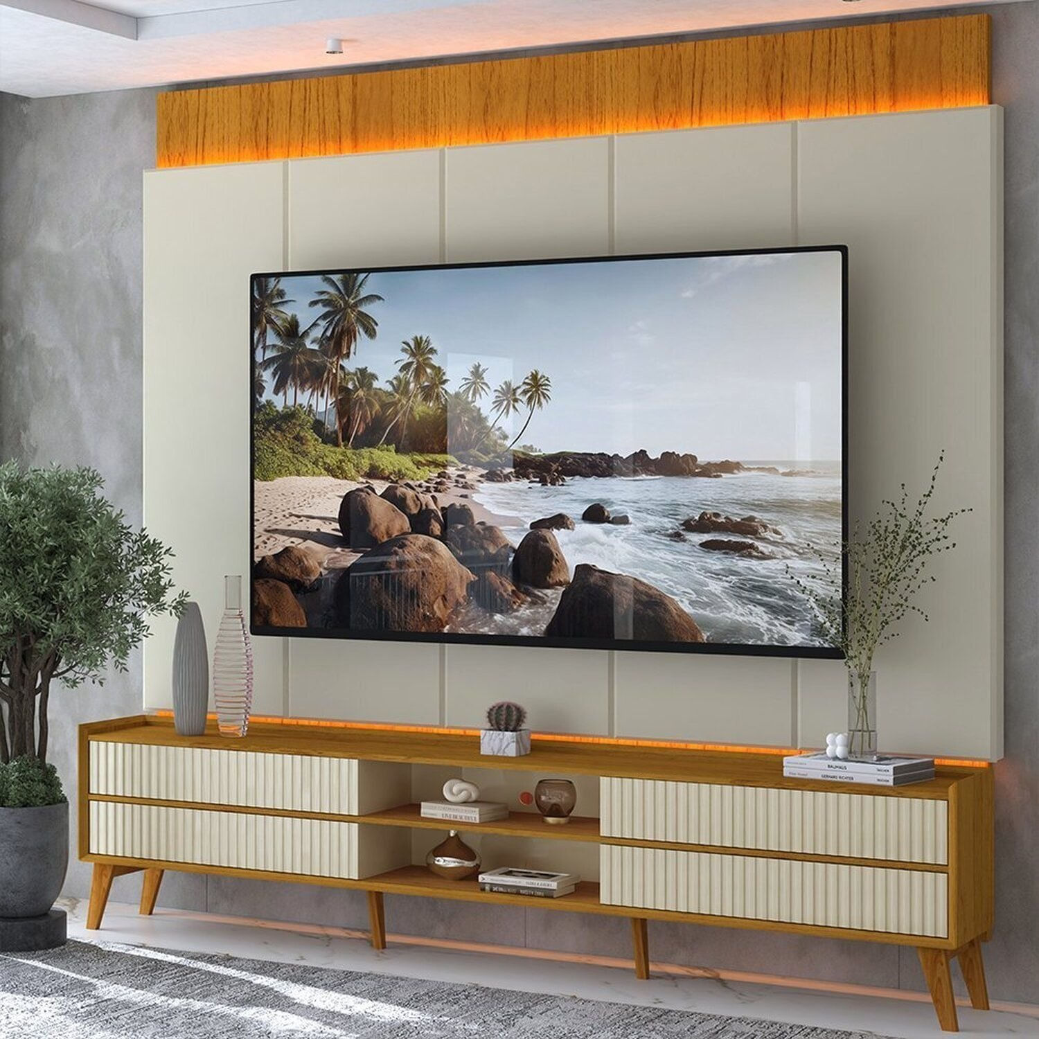 Rack Com Painel Para Tv 84 Polegadas Com Led Com Pés 100% Mdf 218cm Magnífico Naturale/off White