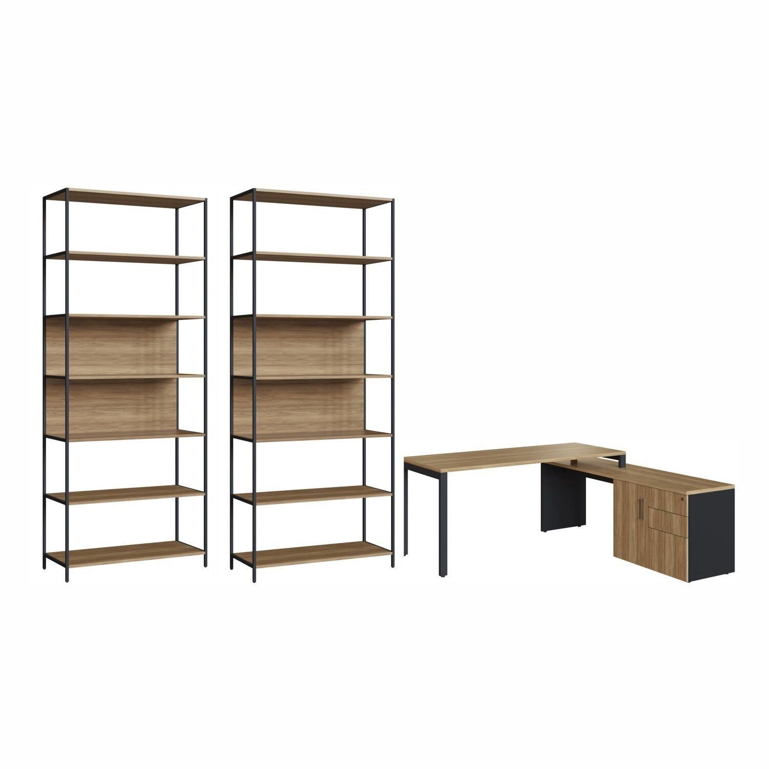 Conjunto De Escritório Mesa Diretoria 160cm Com Balcão 1 Porta 2 Gavetas 180cm E 2 Estantes Concept Nogal Sevilha / Preto