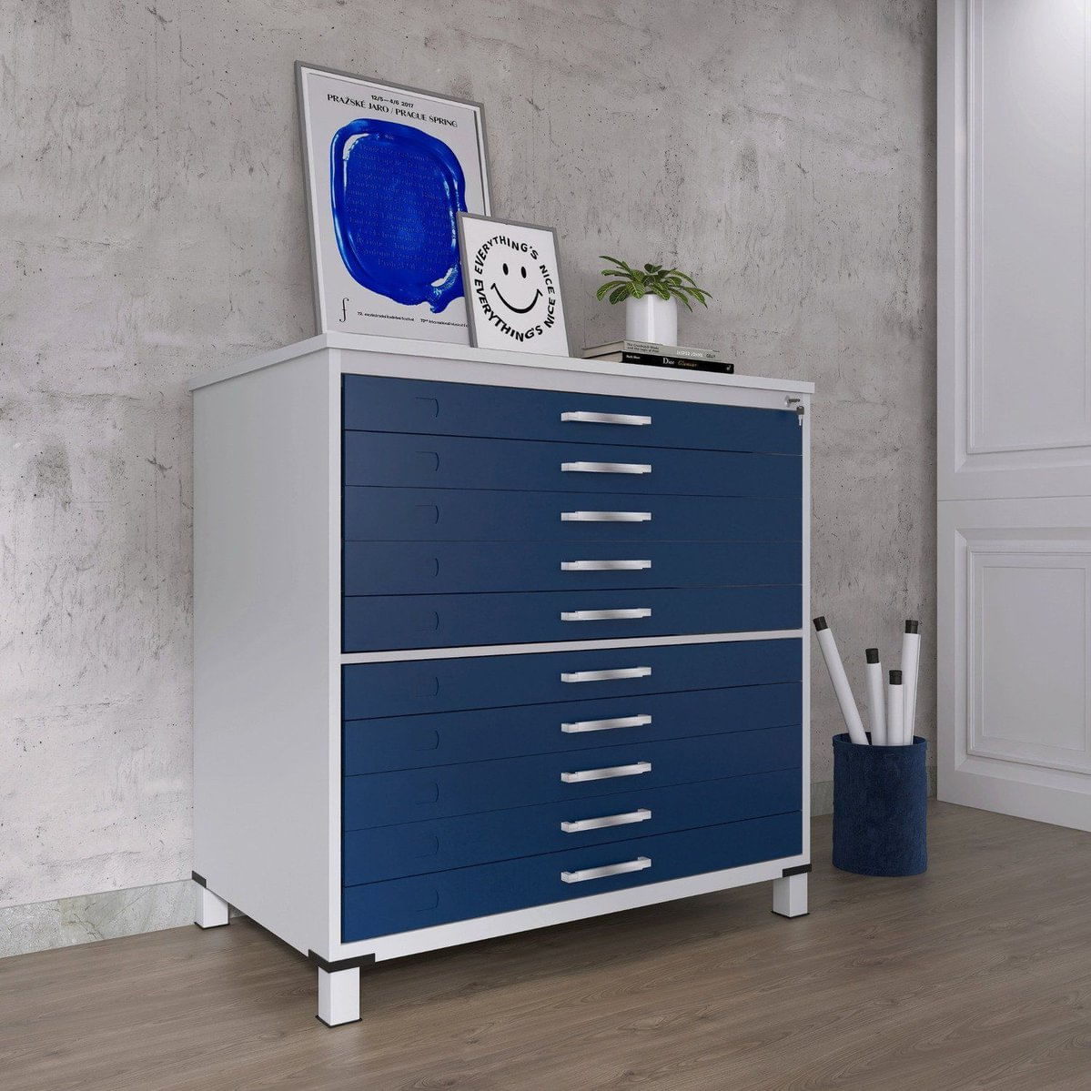 Mapoteca 10 Gavetas Map10 120,4cm X 122,3cm Aço Cinza/azul Delrei