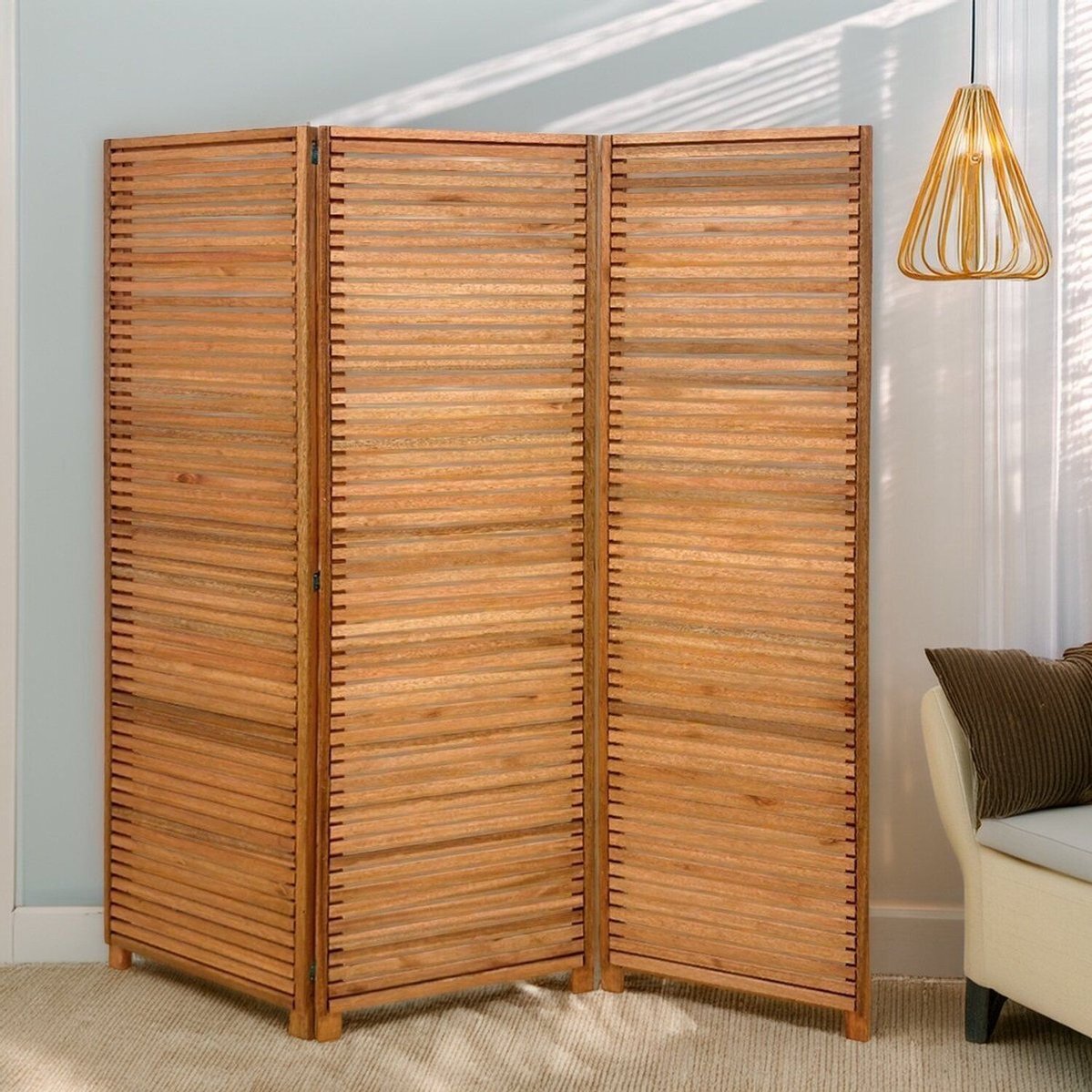 Biombo Decorativo De Madeira 3 Folhas Ripado Sanfonado Madeiral