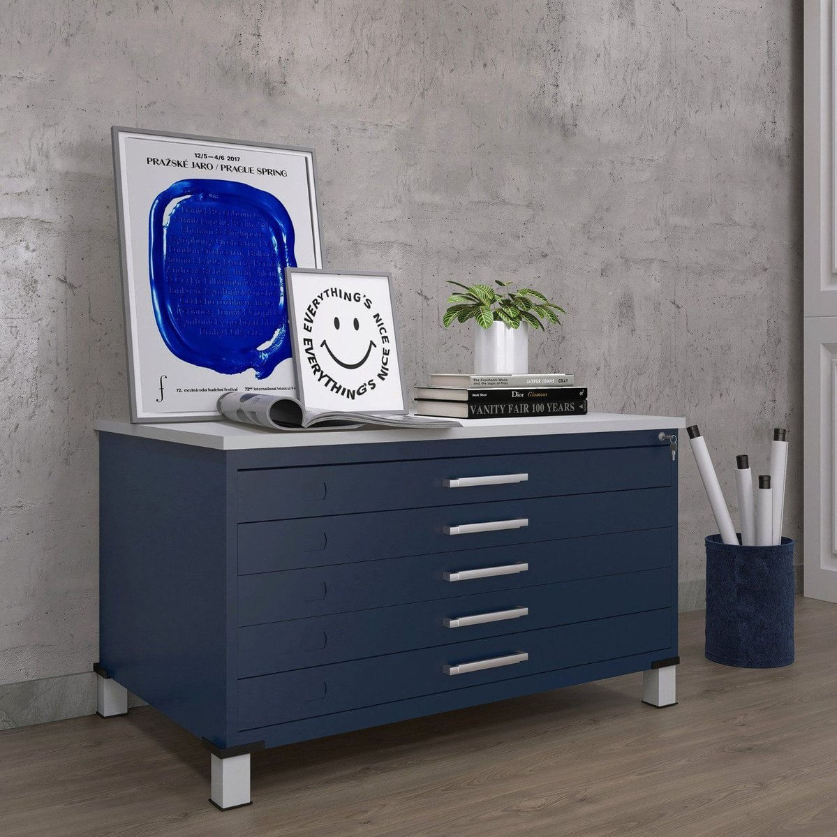 Mapoteca Mont 5 Gavetas 71,3cm X 120,4cm Aço Azul Delrei