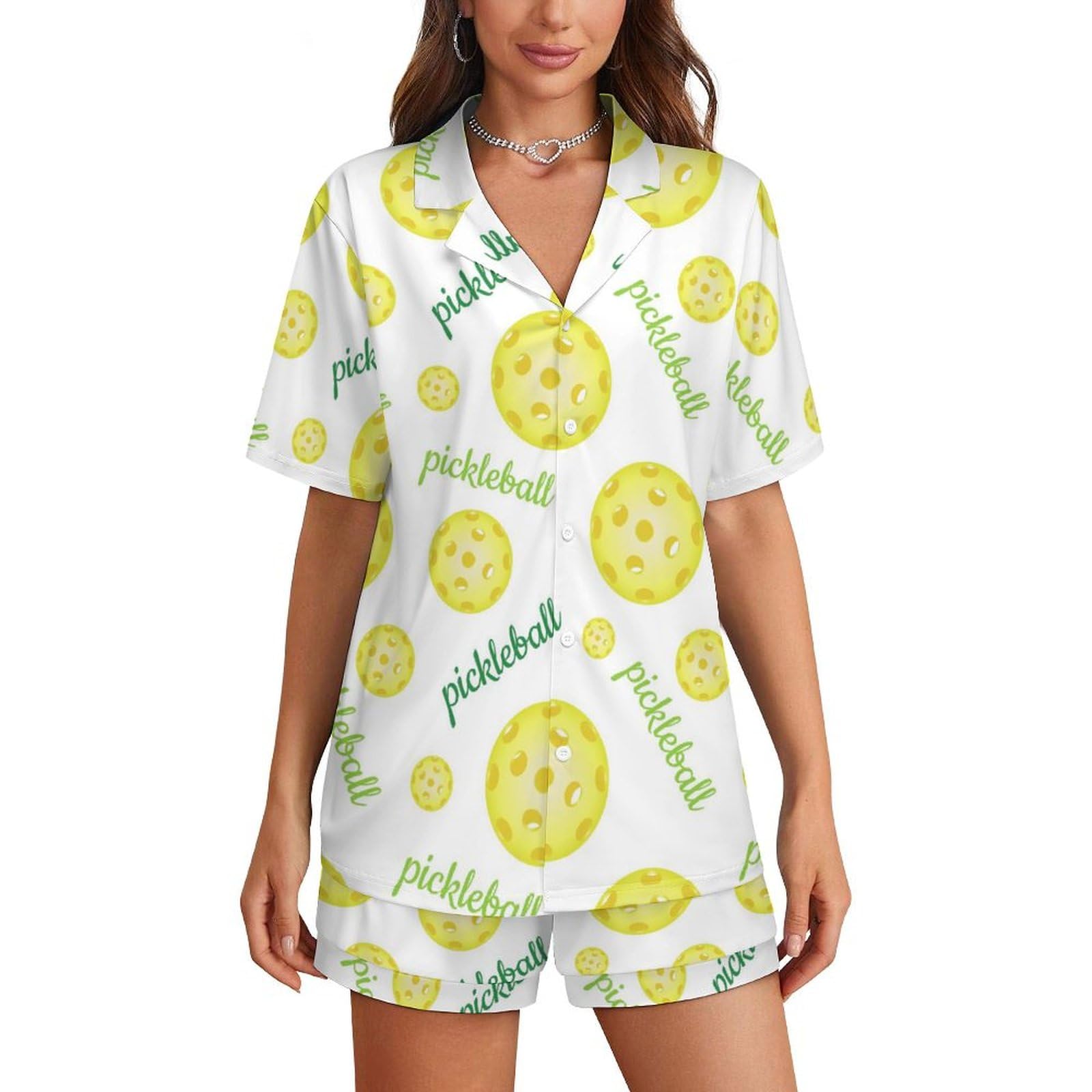 Conjunto De Pijama Meikko Bright Yellow Pickleball Balls Para Mulheres