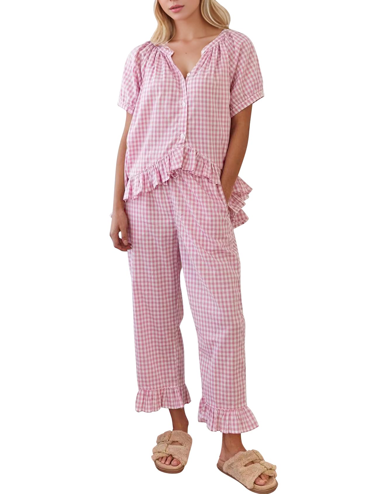 Conjunto De Pijama Cozypoin Gingham, 2 Peças De Algodão Xadrez Para Mulheres