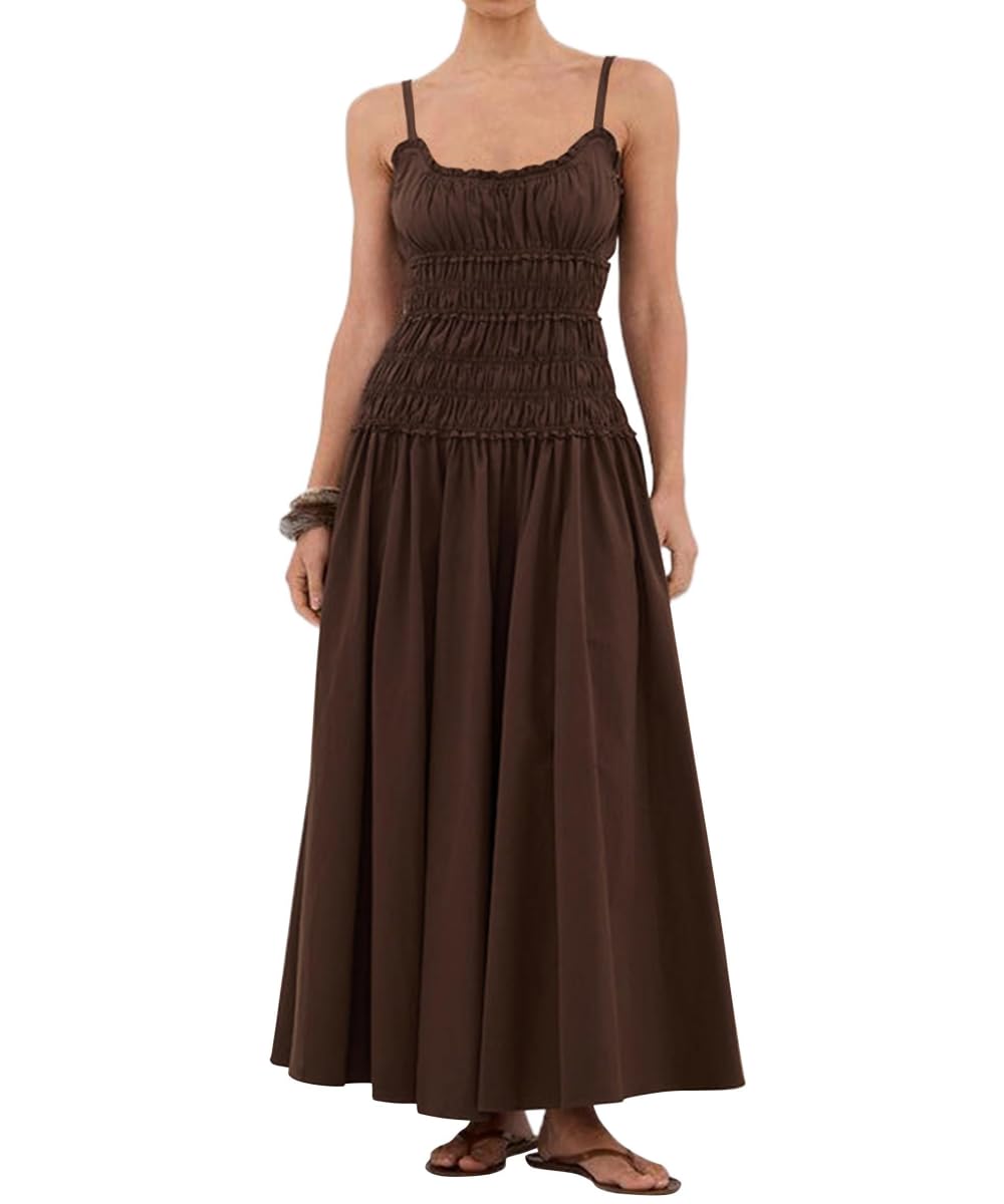 Vestido Maxi Feminino Eahusar, Sem Mangas, Gola Redonda, Com Babados, Marrom