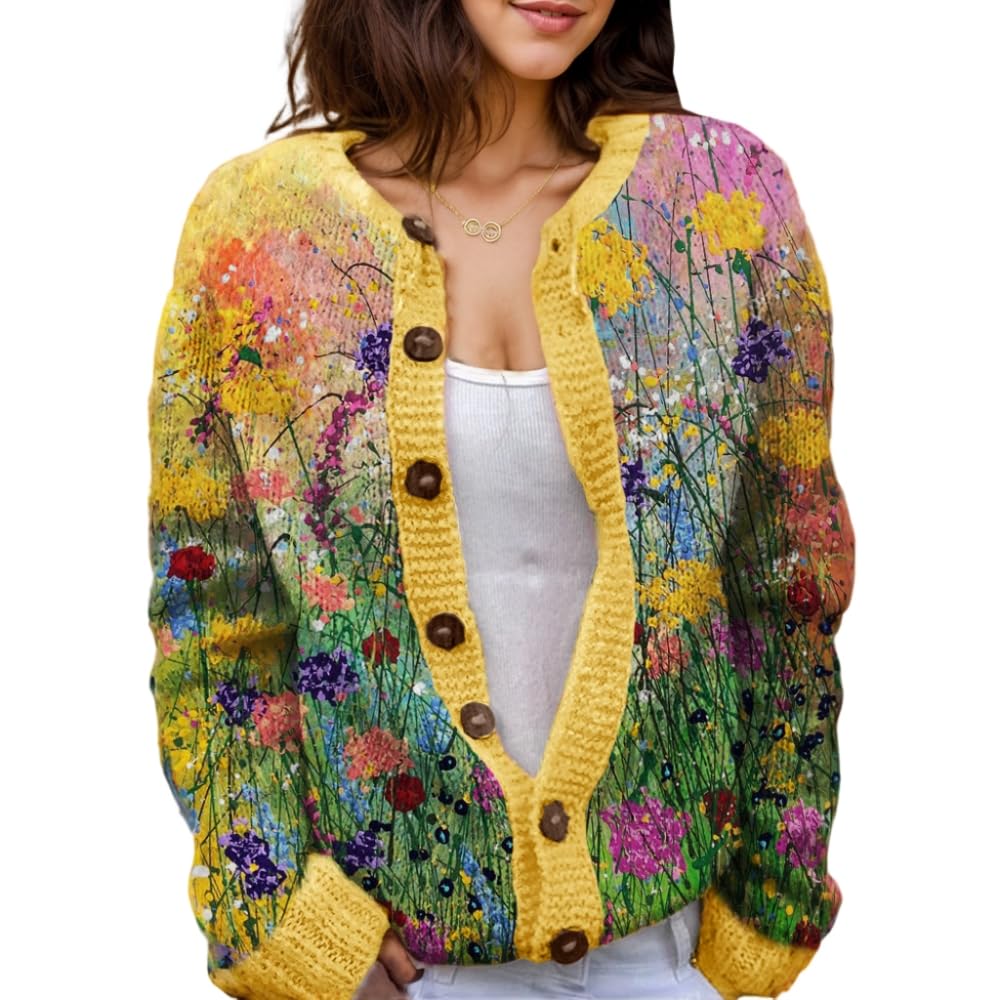 Suéter De Cardigã Akivide Feminino Com Estampa Floral, Tricotado, Outono