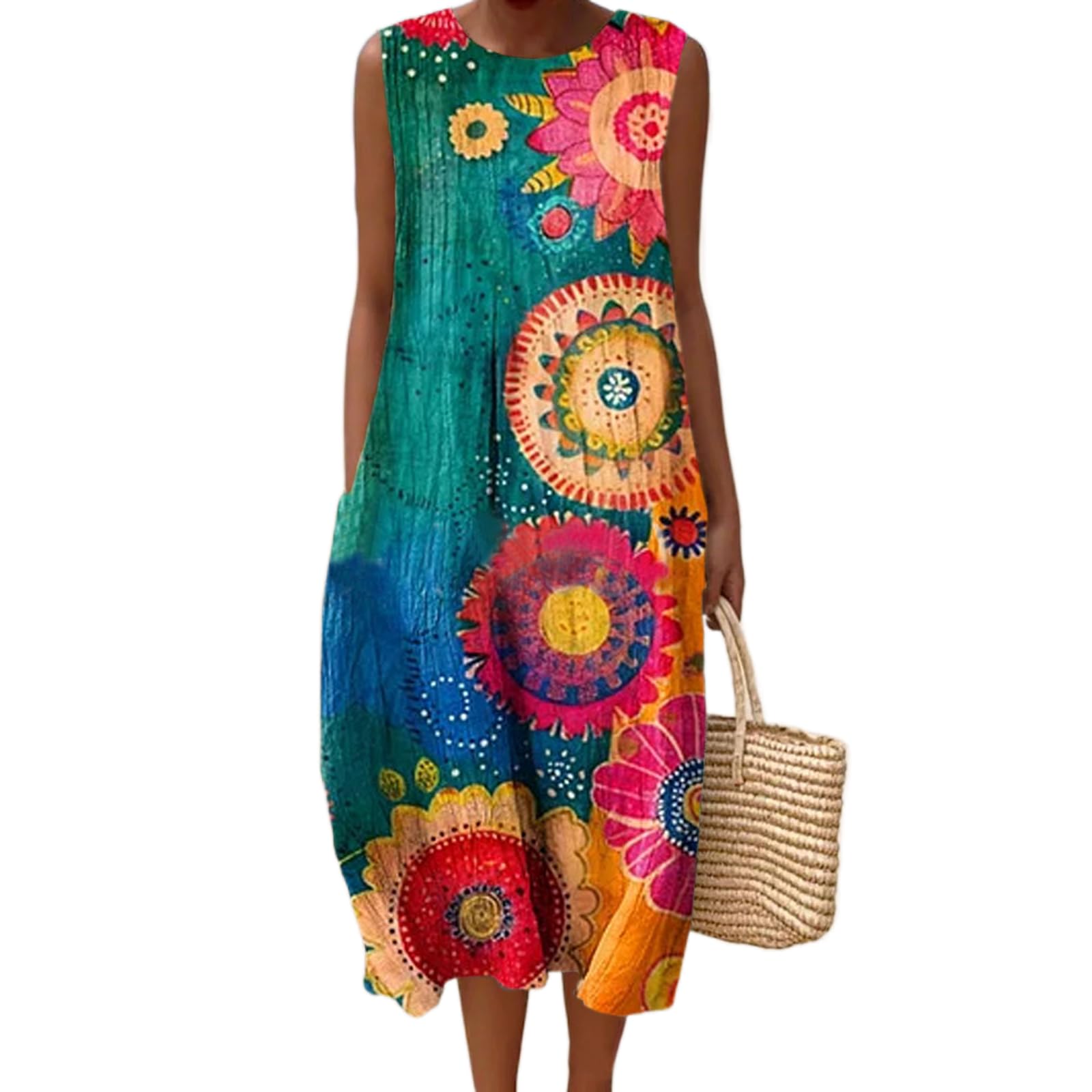 Vestido Maxi Feminino Akivide Com Estampa Floral Boho De Verão Com Bolsos