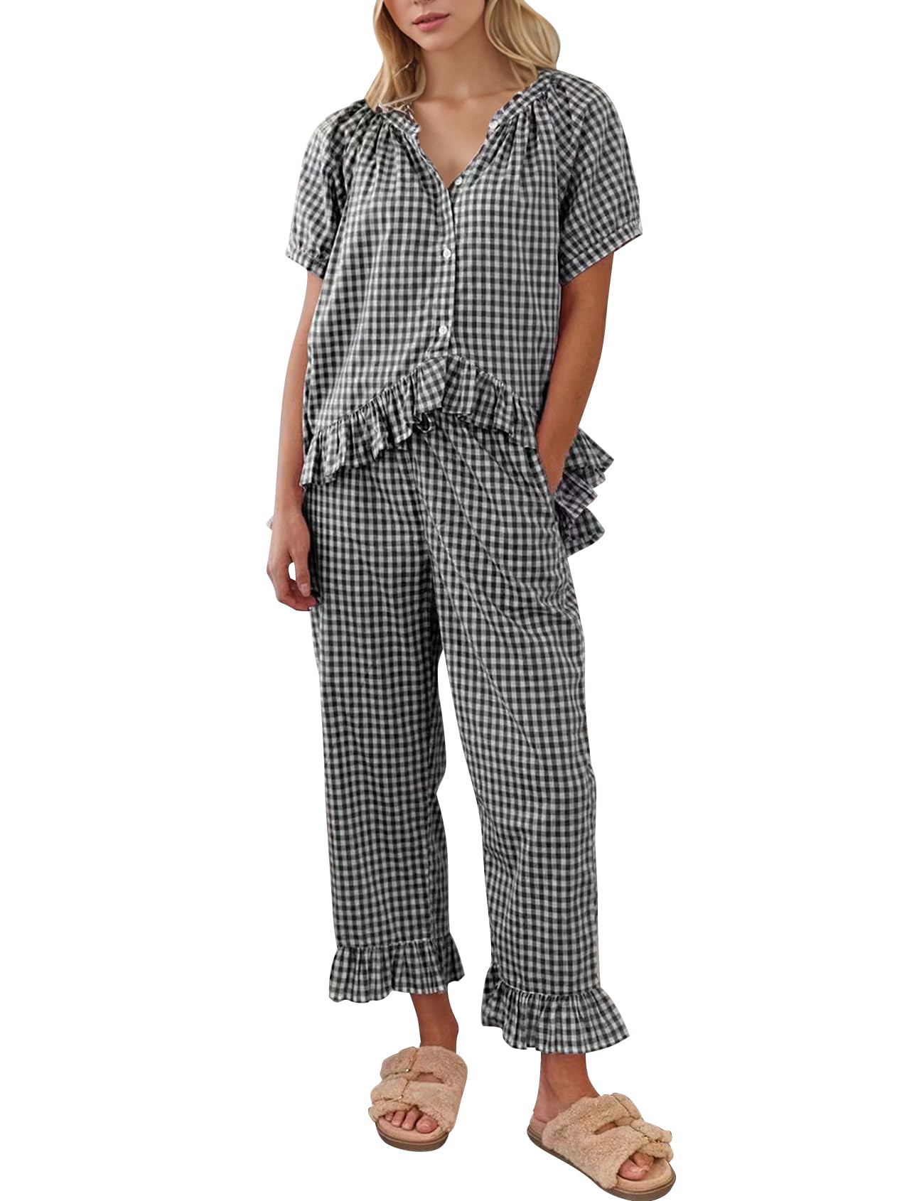 Conjunto De Pijama Cozypoin Gingham Xadrez De Algodão Para Maternidade