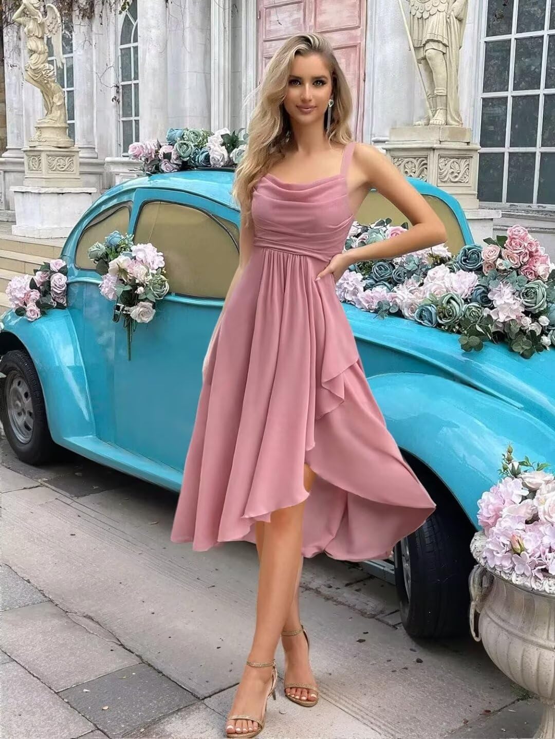 Vestido De Dama De Honra Oeuvigf, Decote Curto, Champanhe, Chiffon