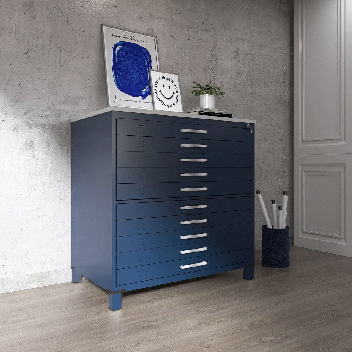 Mapoteca 10 Gavetas Map10 120,4cm X 122,3cm Aço Azul Delrei/cinza