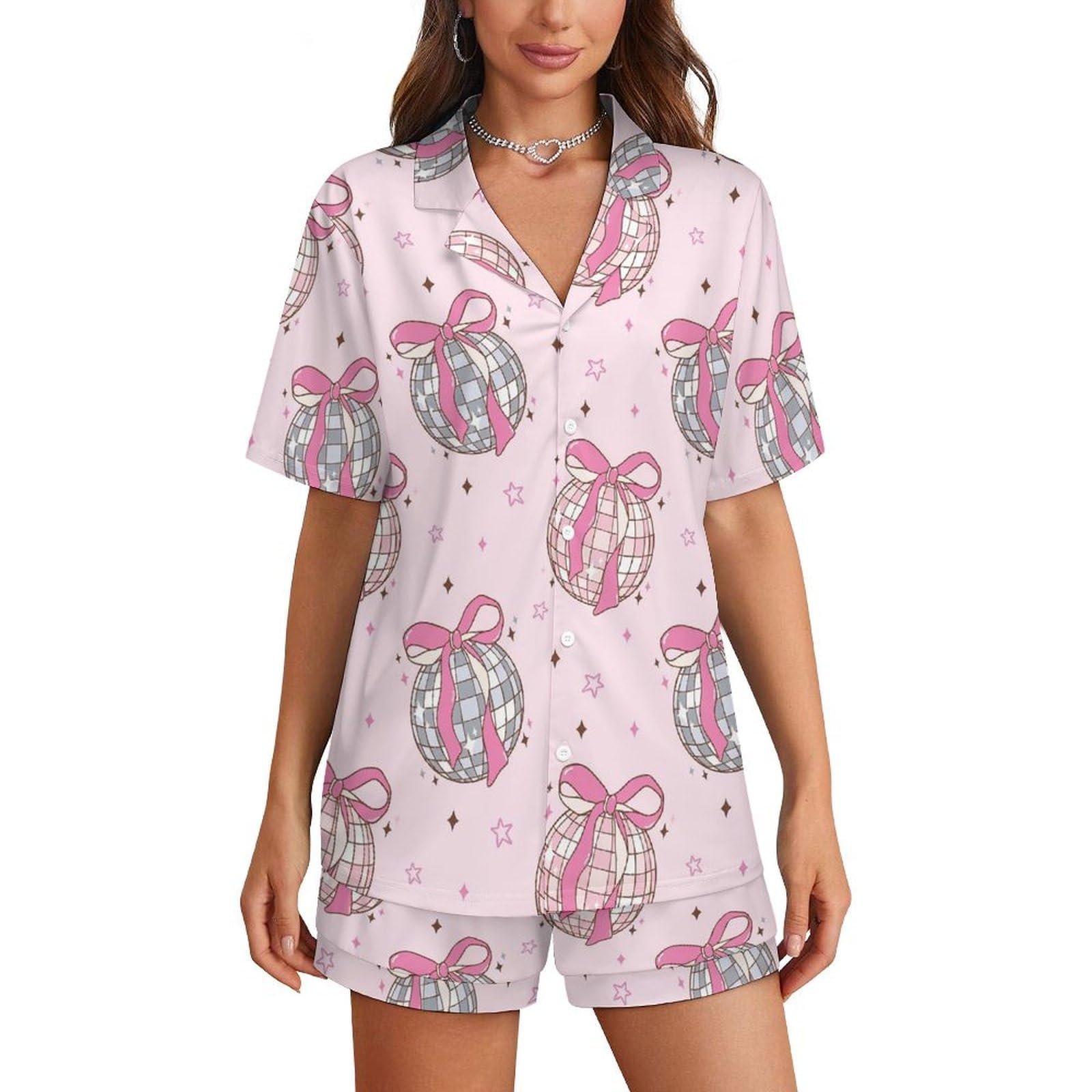 Conjunto De Pijama Meikko Para Mulheres Rosa, Bola De Discoteca, Manga Curta