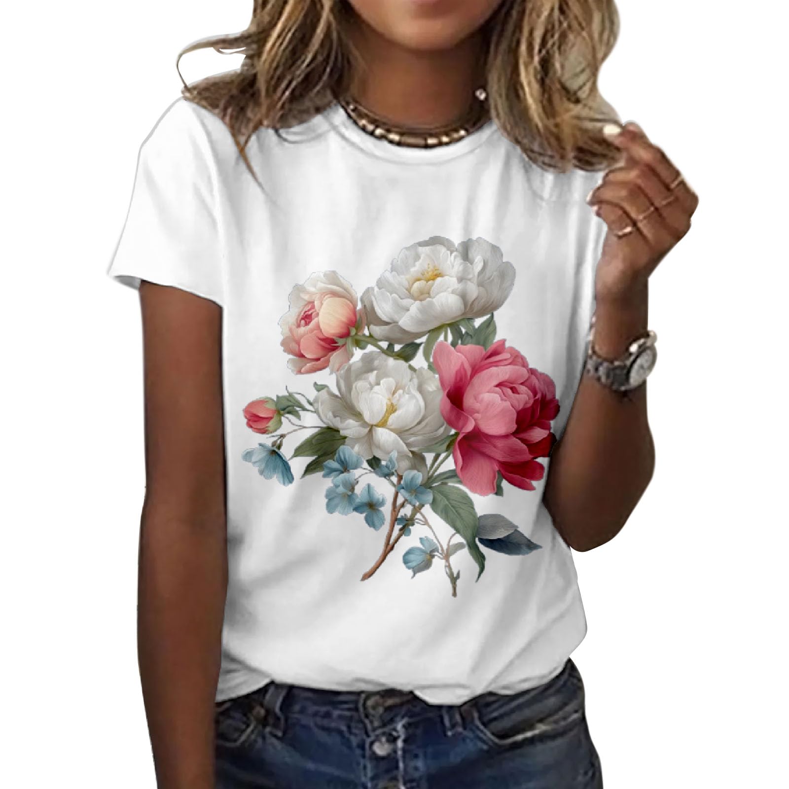 Camiseta Feminina Zocania Com Estampa Floral, Mistura De Algodão, Blusa Casual