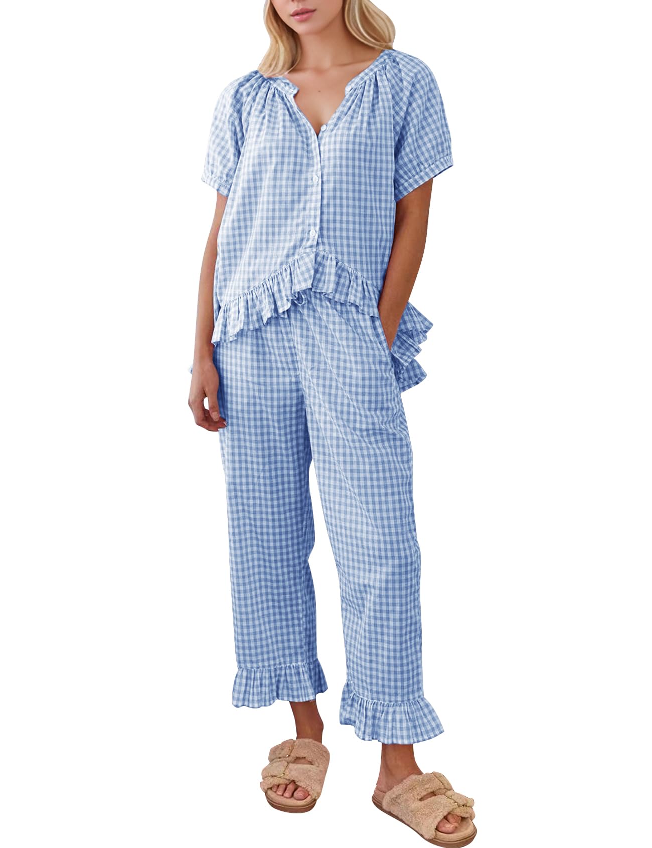 Conjunto De Pijama Cozypoin Gingham, 2 Peças De Algodão Xadrez Para Mulheres
