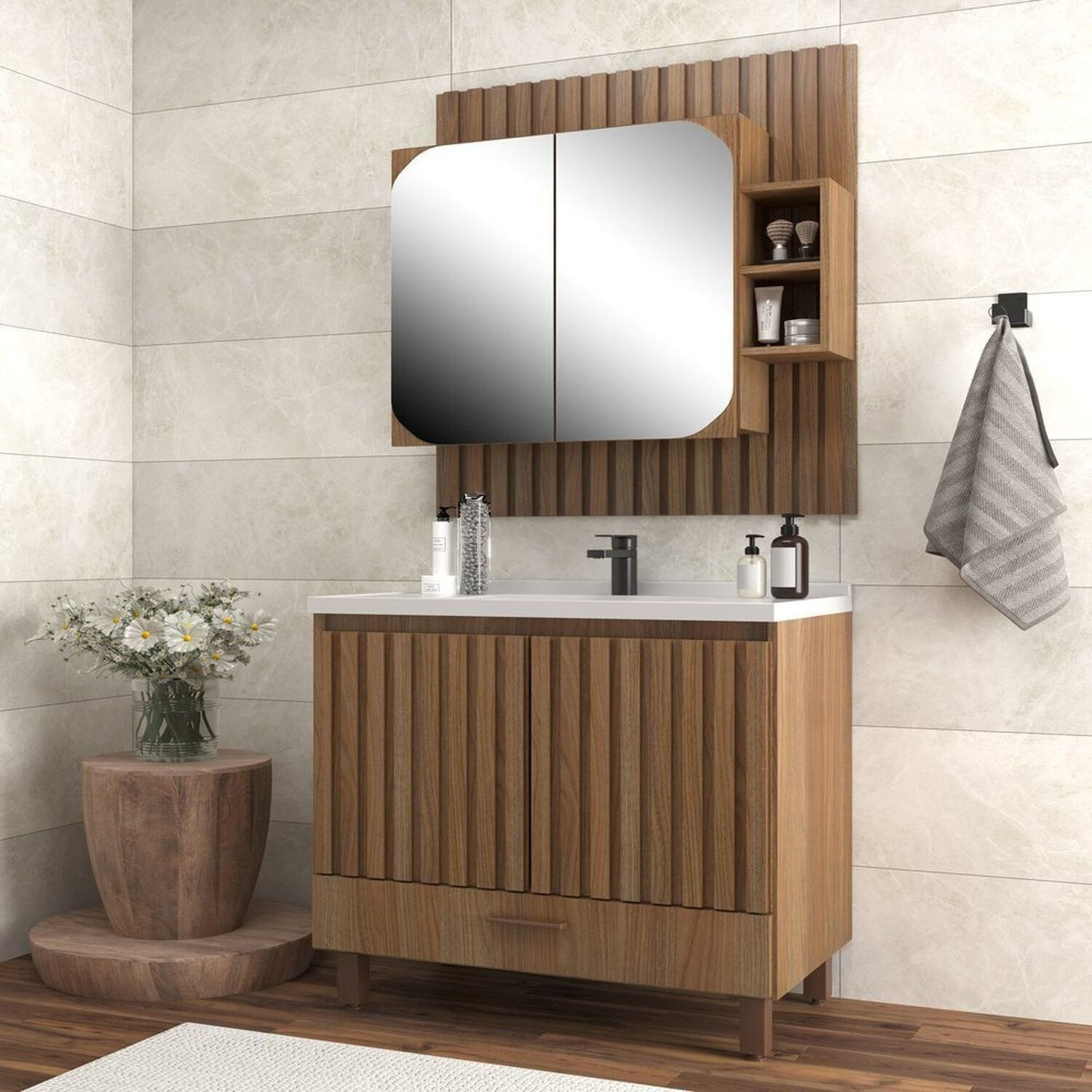 Gabinete Para Banheiro Com Espelheira Ripado Noce