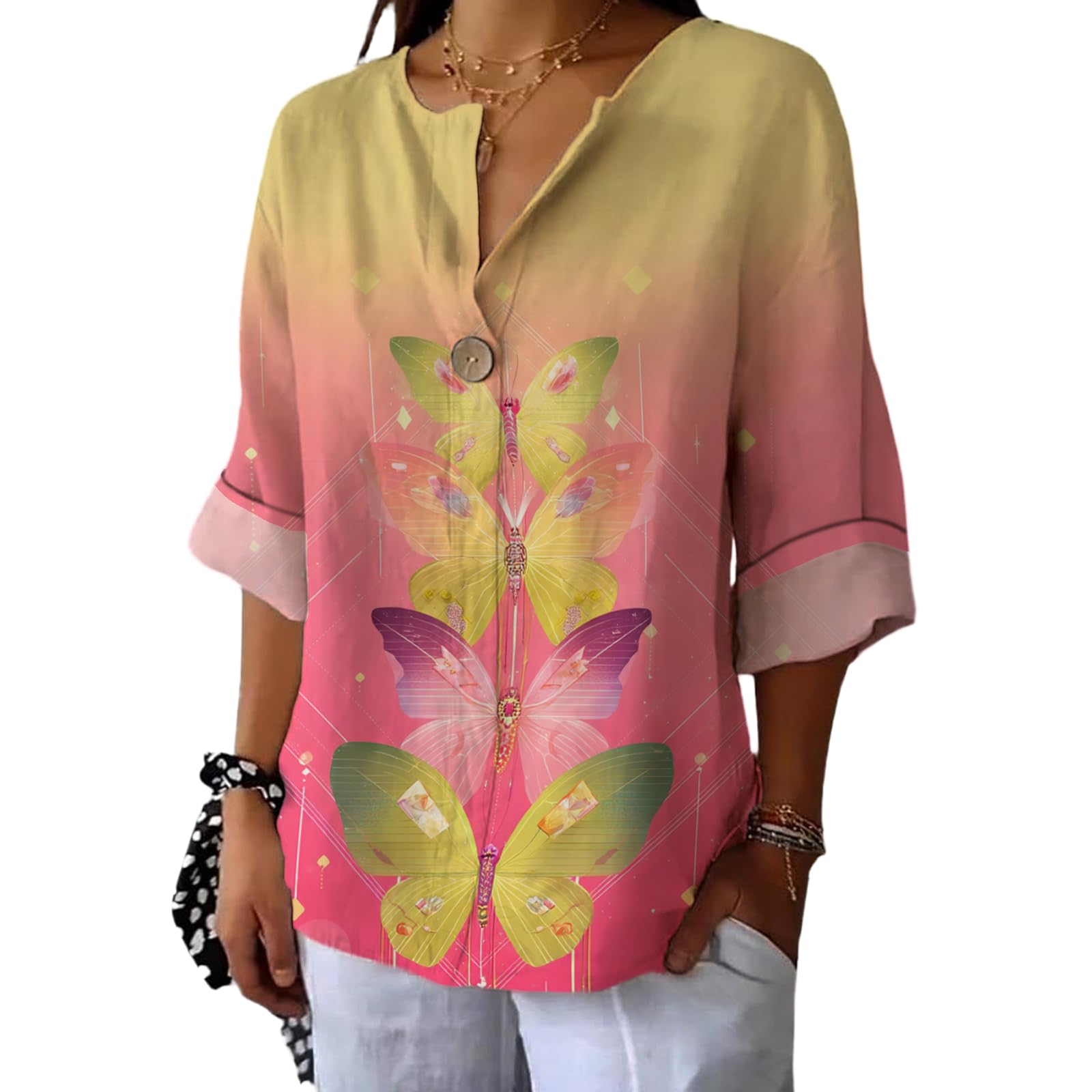 Camiseta Domirica De Manga Comprida Com Decote Em V Com Estampa Floral Para Mulheres