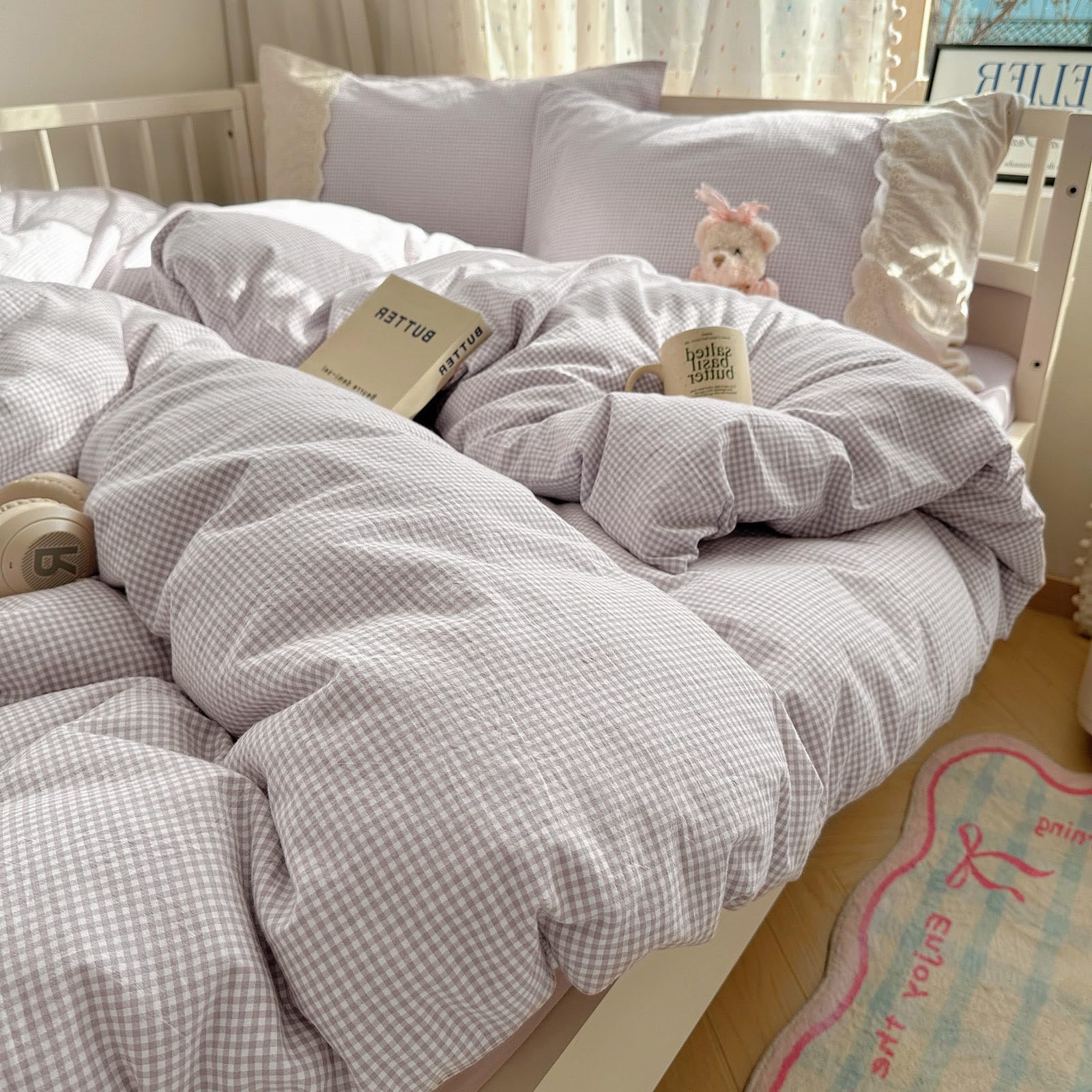 Conjunto De Capa De Edredon Vm Vougemarket Gingham Lavender White Twin