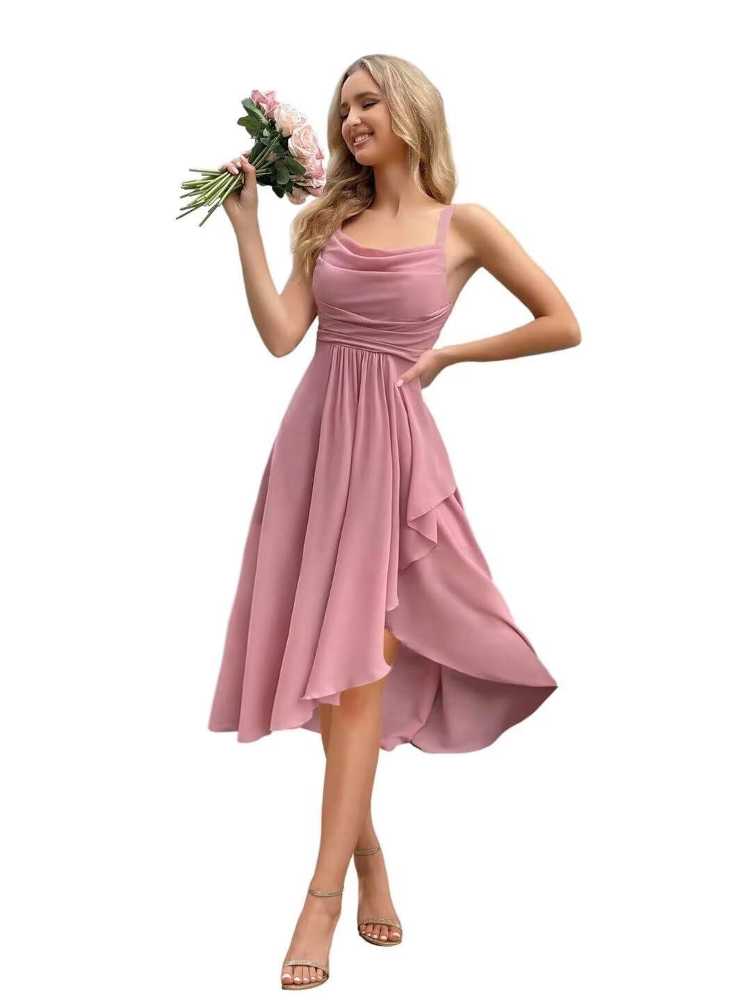 Vestido De Dama De Honra Oeuvigf Chiffon Spaghetti Straps Dusty Rose