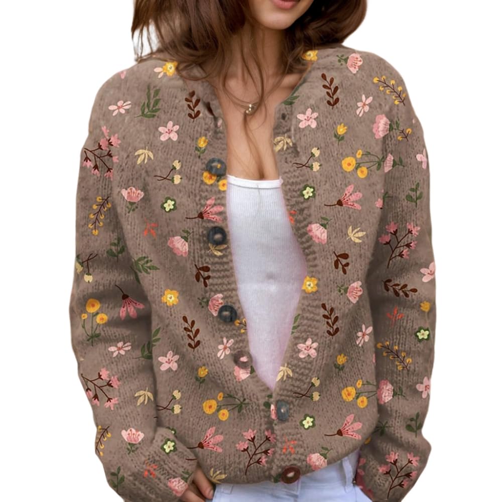 Suéter De Cardigã Akivide Feminino Com Estampa Floral, Tricotado, Outono