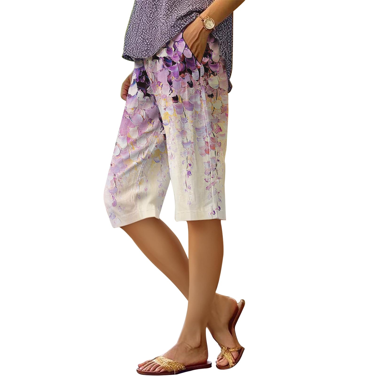 Shorts Dmoyala Com Estampa Floral De Linho De Cintura Alta Para Mulheres, Roxos, 4gg